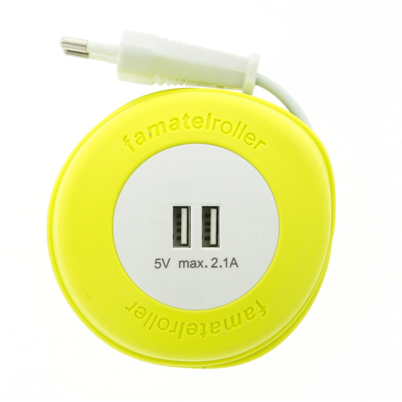 Allonge enroulable 2 ports USB jaune 2 m