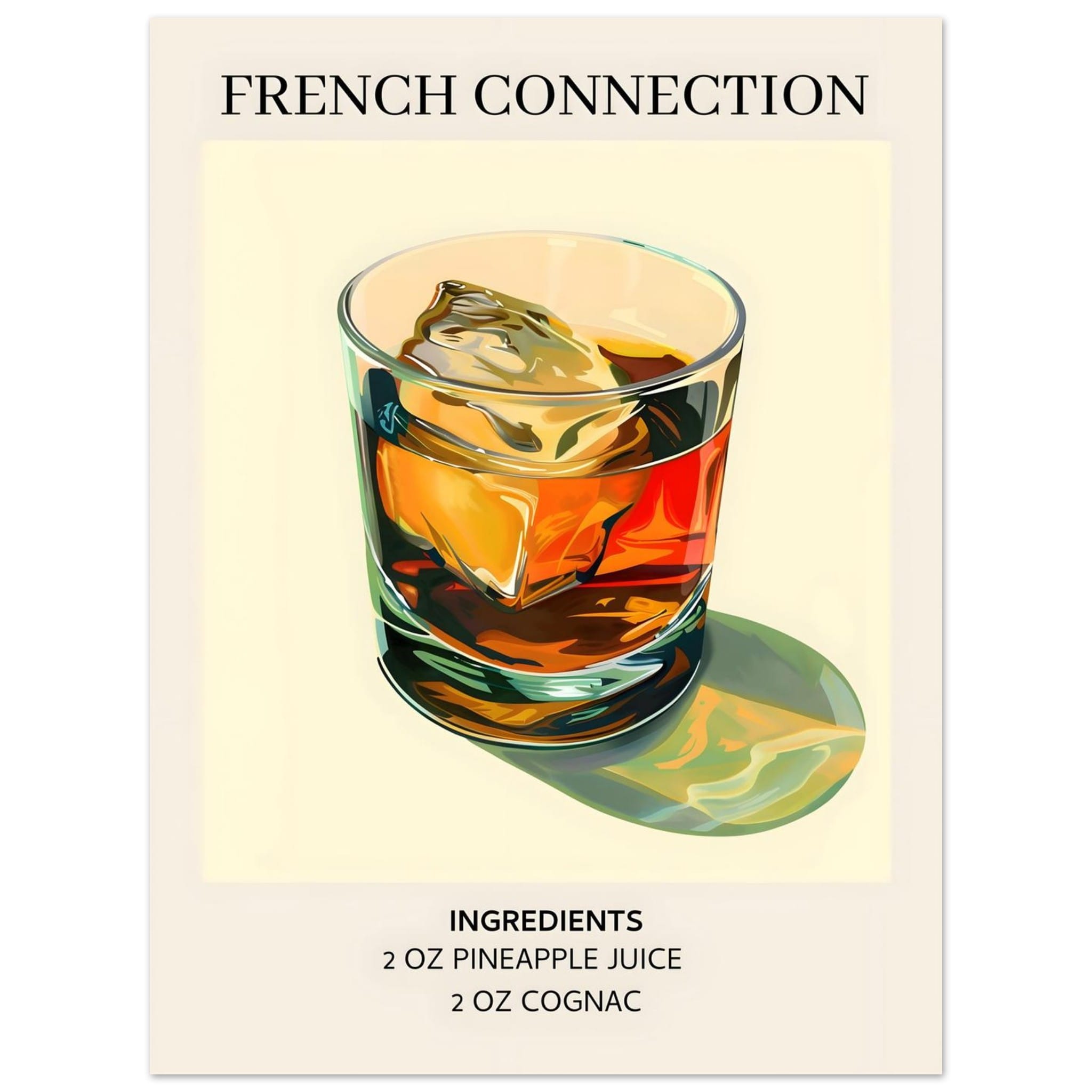 Artfulprints Poster French Connection cocktail - Ingrediënten  - 30x40 cm - Geel