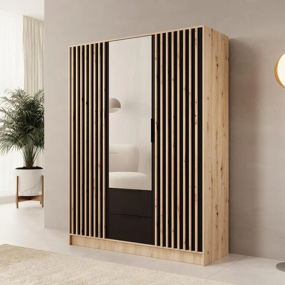 Meubella - Nocturna - Kledingkast 3 deurs - Eiken/Zwart - 150x51x200cm