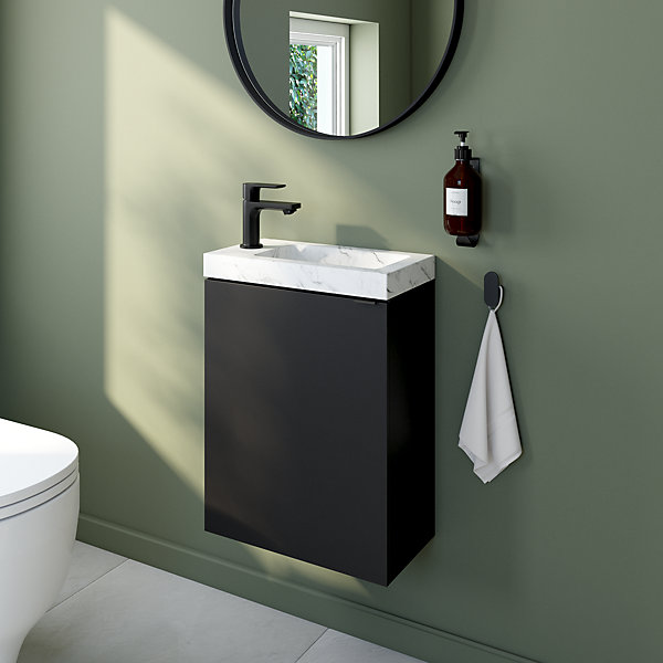 Meuble lave-mains suspendu noir mat l.44 cm Imandra   plan vasque effet marbre blanc, GoodHome