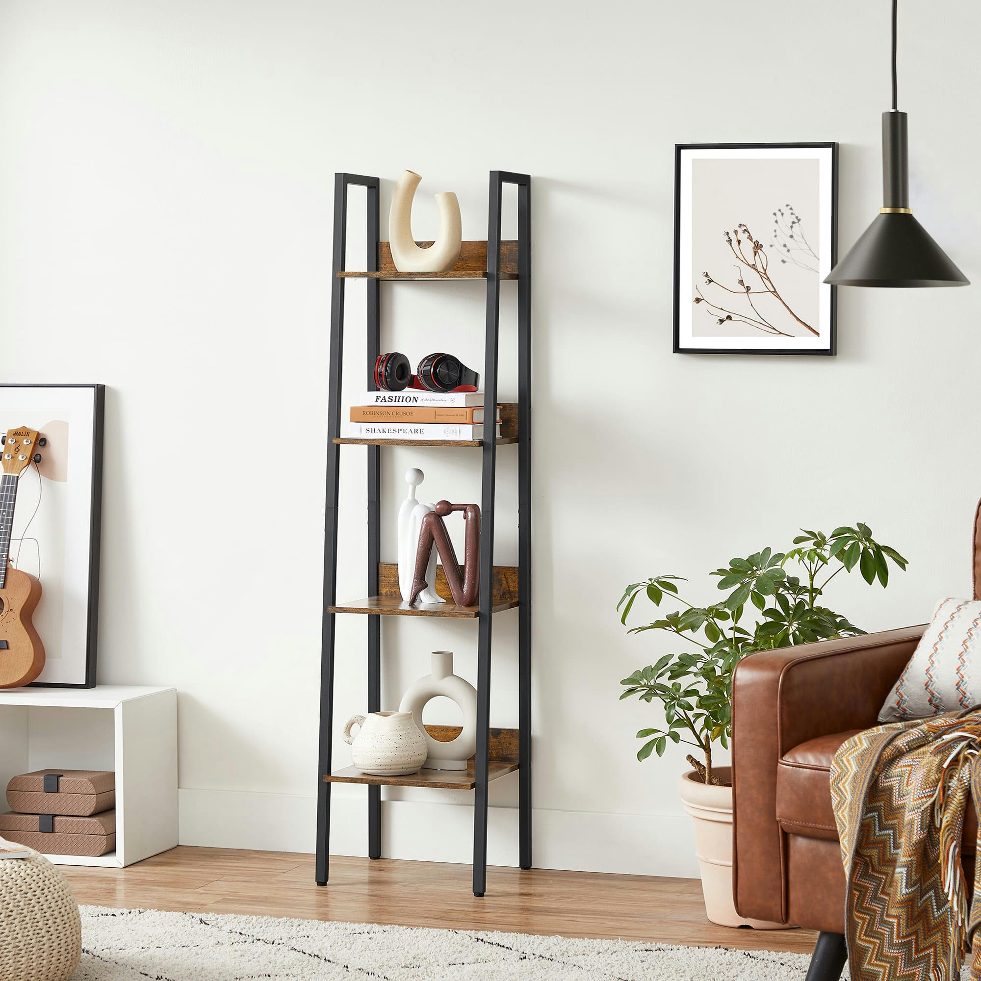 - Étagère à échelle niveaux effet bois marron rustique et noir