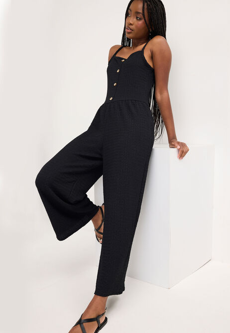 Womens Black Textured Button Through Jumpsuit