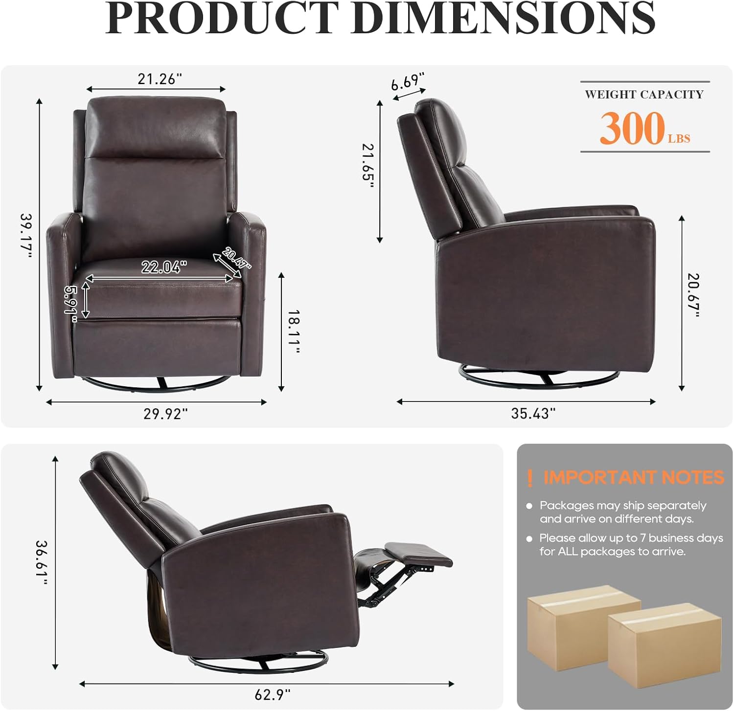 COLAMY Leather Recliner Chair for Adults, Swivel Rocker Recliner for Small Spaces, Wide Glider Rocking Nursery Chair with Ergonomic High Backrest, for Living Room, Office, Bedroom(Chocolate Brown