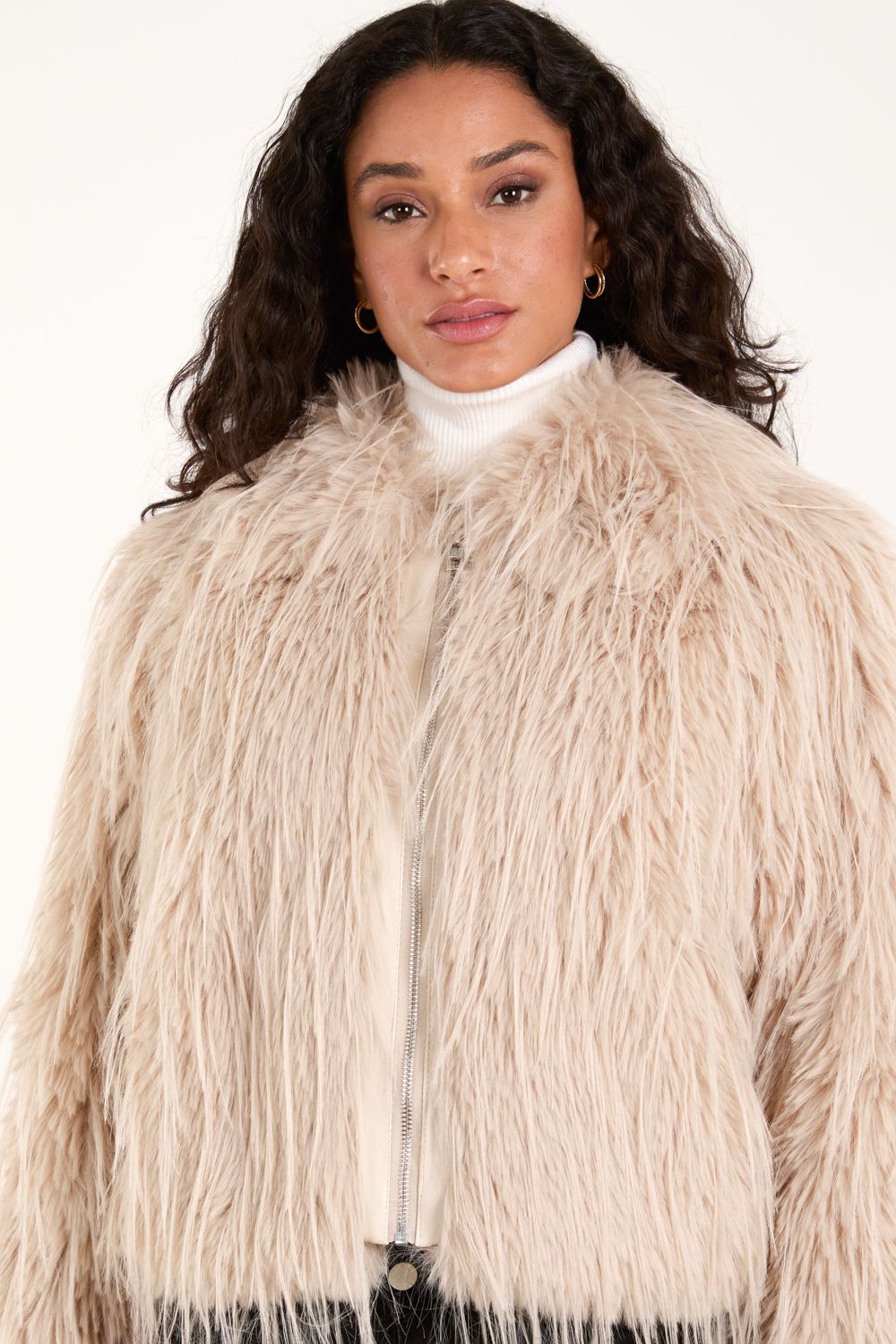 Blue Vanilla Textured Faux Fur Collar Coat