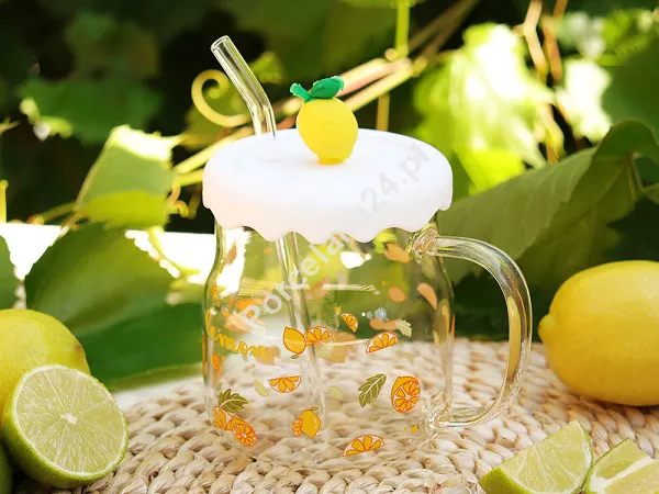 Kubek szklany z silikonową pokrywką i szklaną słomką 600 ml Altom Design - Cytryna 07.K.3516