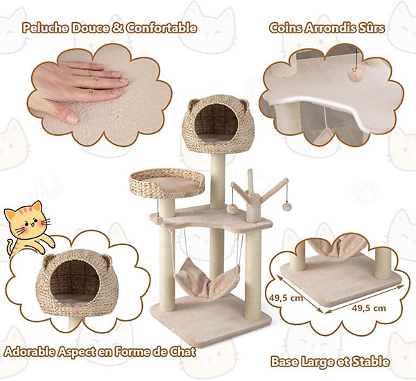 Arbre à Chat 121 CM à 4 Niveaux avec Niche et Poteaux en Sisal avec Coussin Souple Boules et Hamac Suspendue