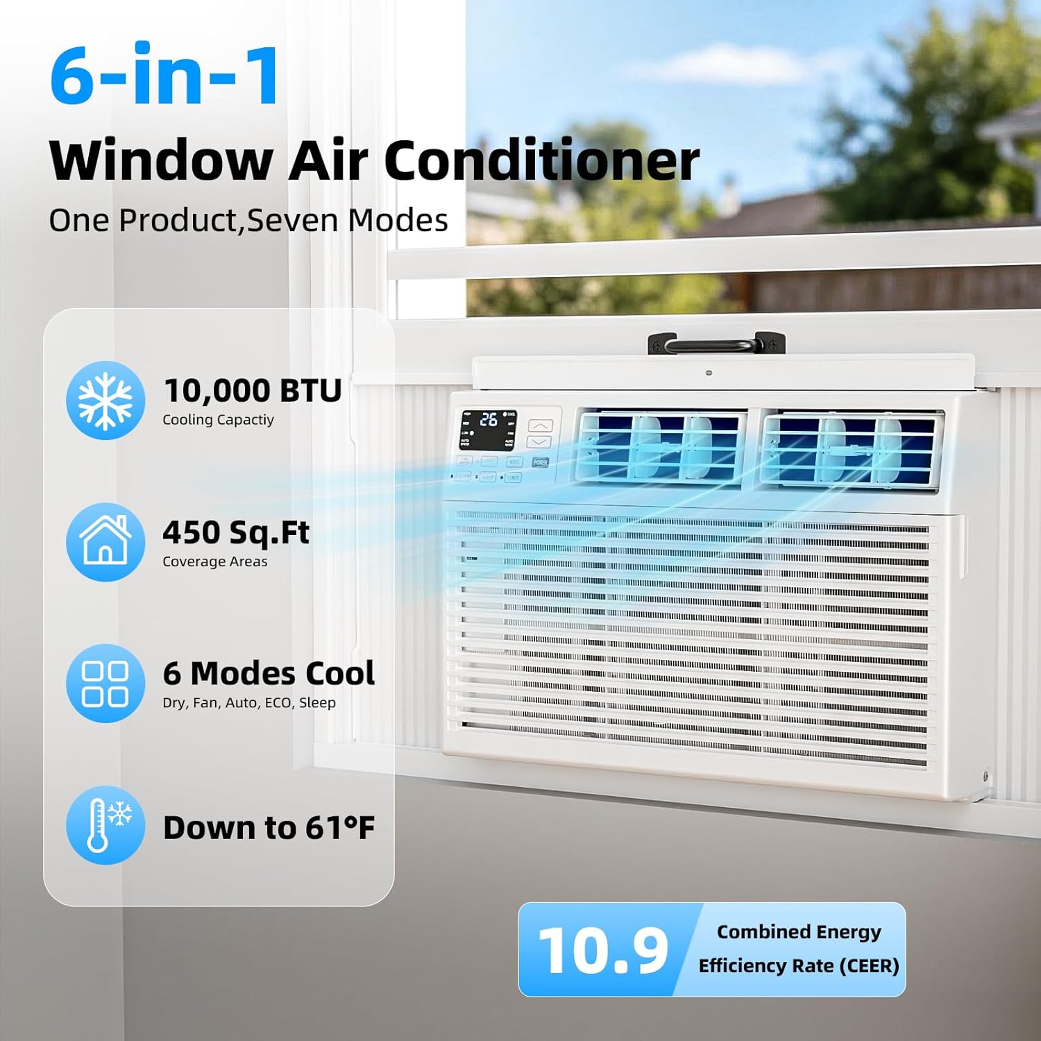 Antarctic Star 6,000 BTU Window Air Conditioner, Window AC Unit, Cools Rooms up to 250 Sq.Ft., 6 in 1 Modes Air Conditioner Window Unit with Remote Control, Easy to Install, Energy Saving, White