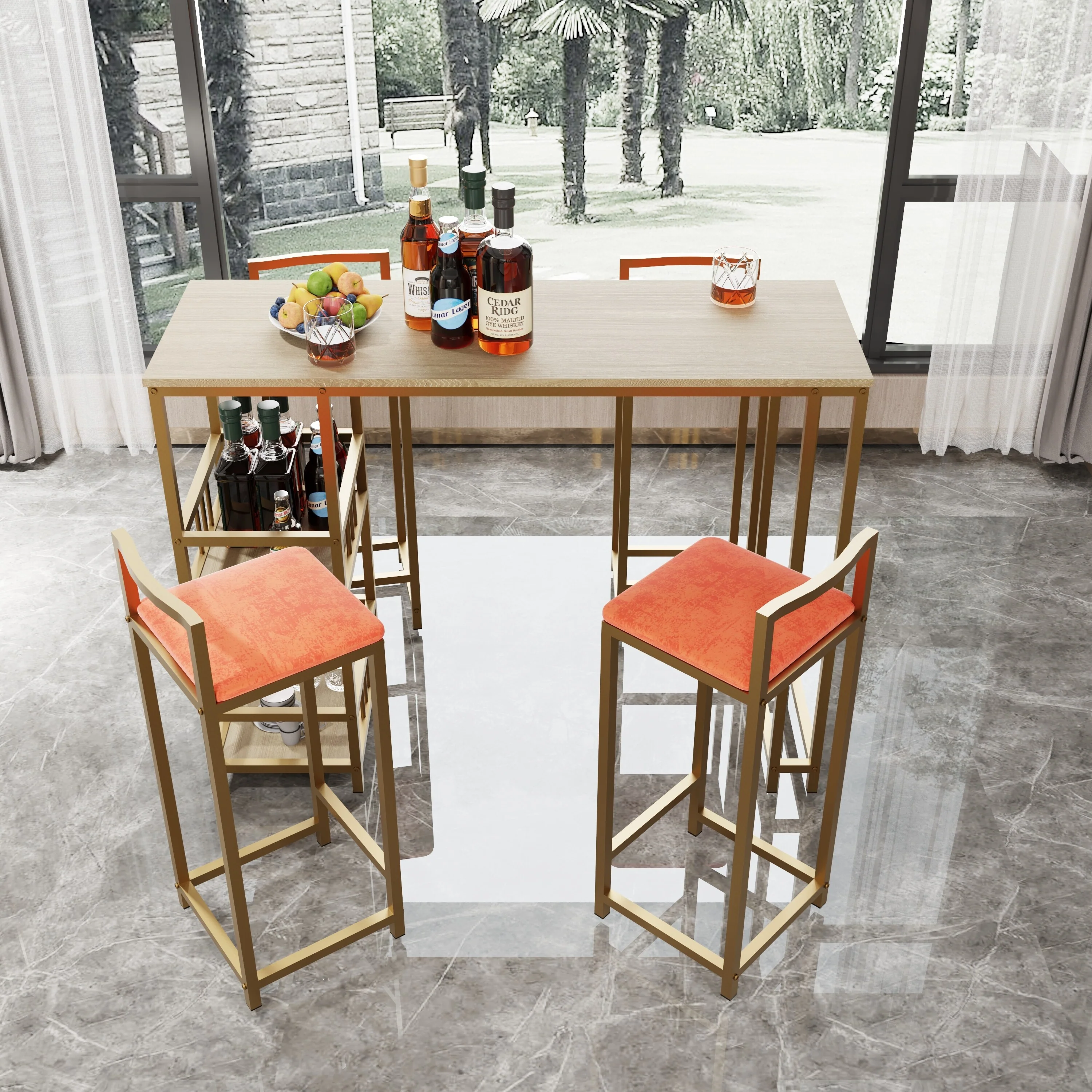 Bar table and chair five piece set, frame, multi-layer tabletop, chair cushion and backrest made of sponge