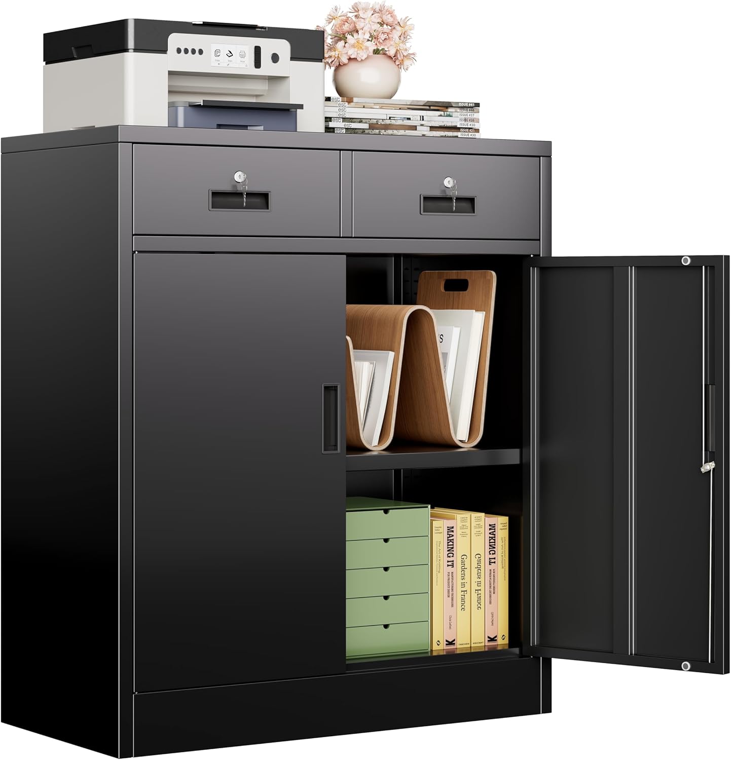 CJF Metal Storage Cabinet, Locking Cabinet with Adjustable Shelf and 2 Drawers, Metal Cabinets for Office, Home, Garage 36 H x 32 W x 16 D (Black)
