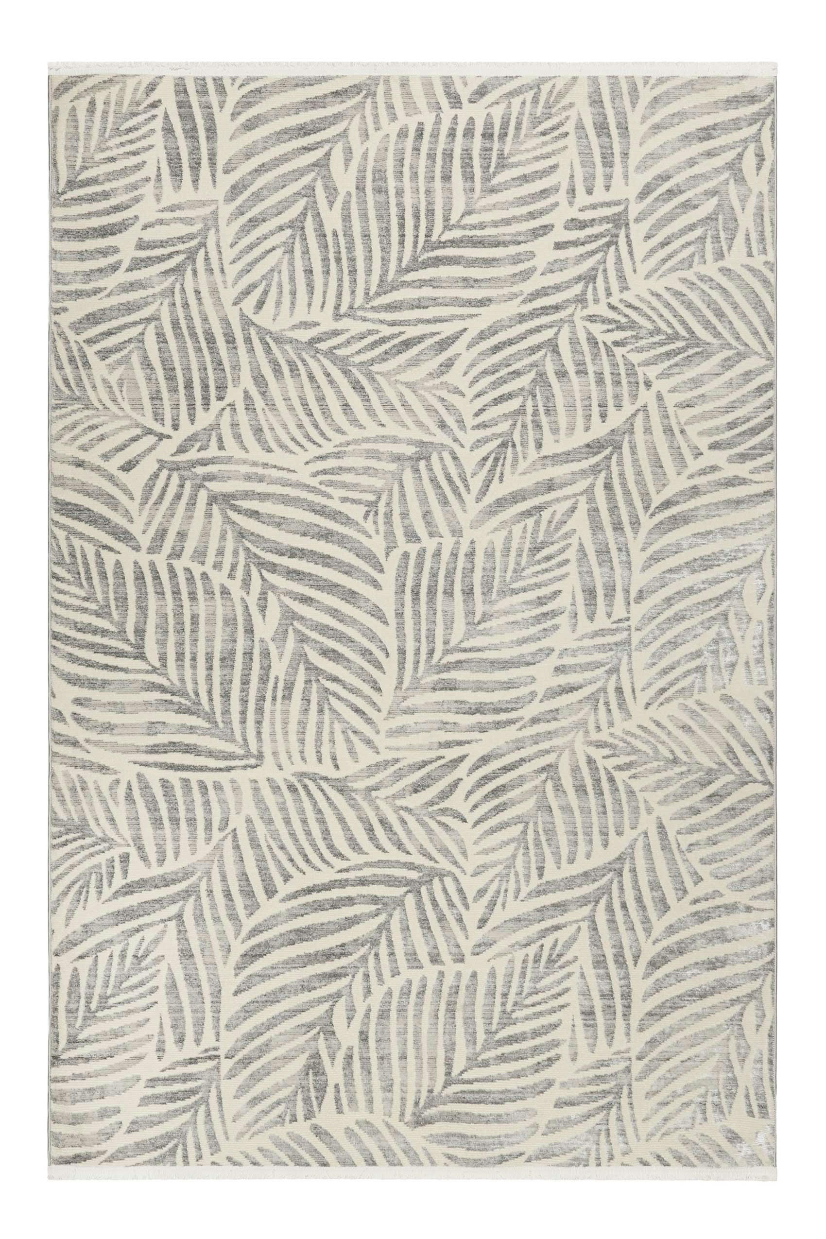 VICTORIA - Tapis tissé plat thème feuillage gris fond beige à franges 200x290