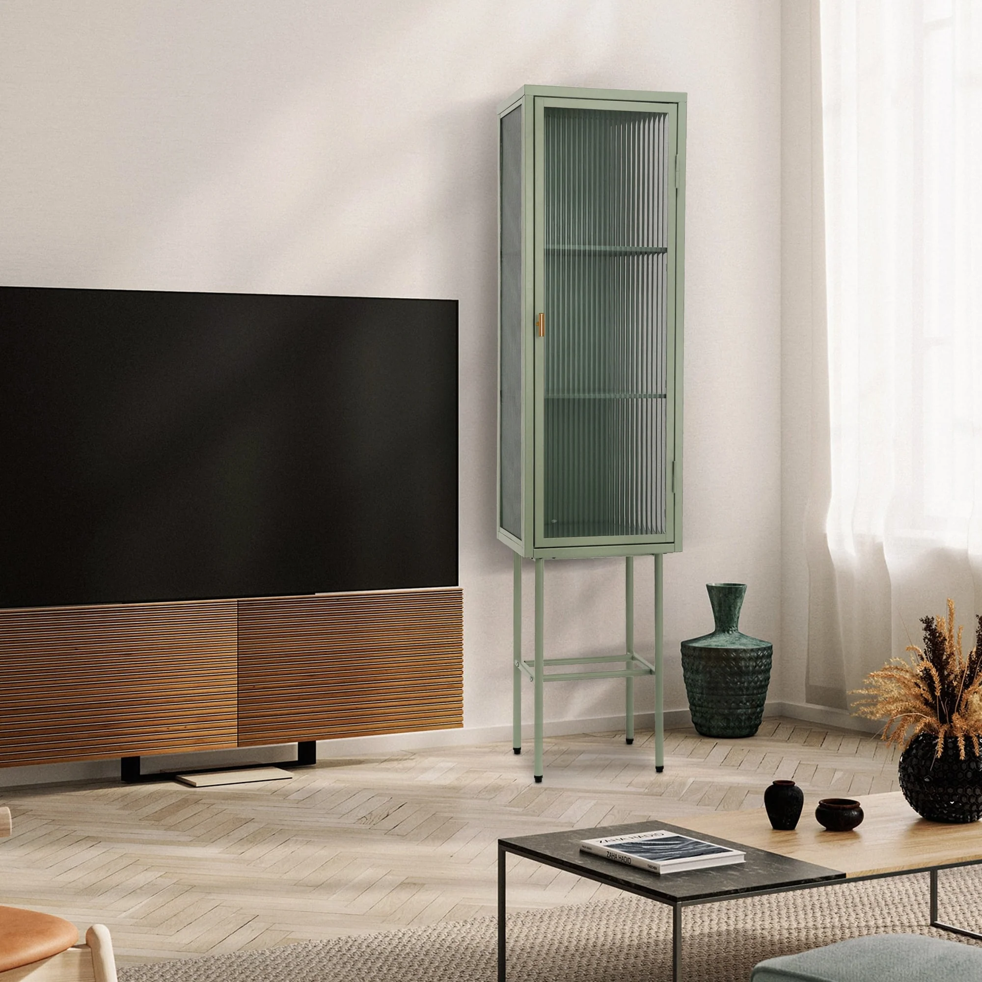 Retro Style Freestanding Metal Tall Display Cupboard with Glass Door and Three Detachable Shelves