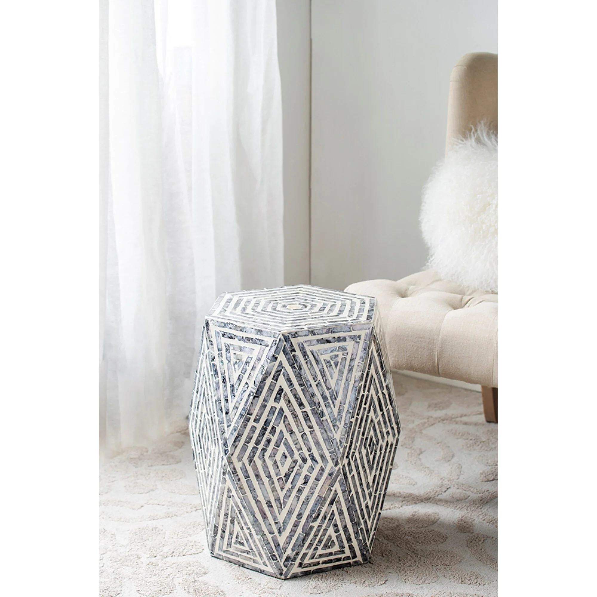 Hexagon Pedestal Capiz Inlay Accent Stool - 18 - Black and White