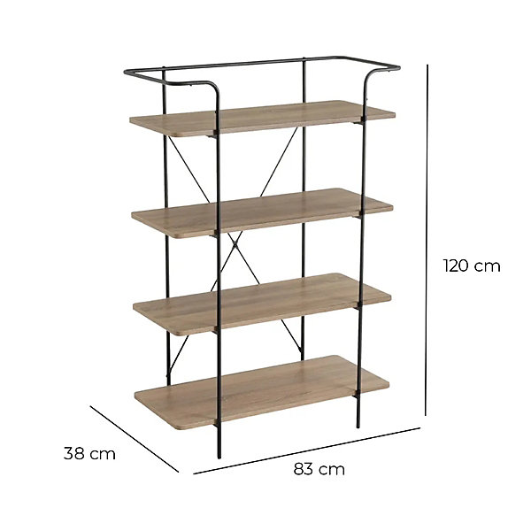 Bibliothèque Etagère à 4 niveaux coloris effet bois naturel et structure en métal noir - Longueur 83 x Largeur 38 x Hauteur 120 cm