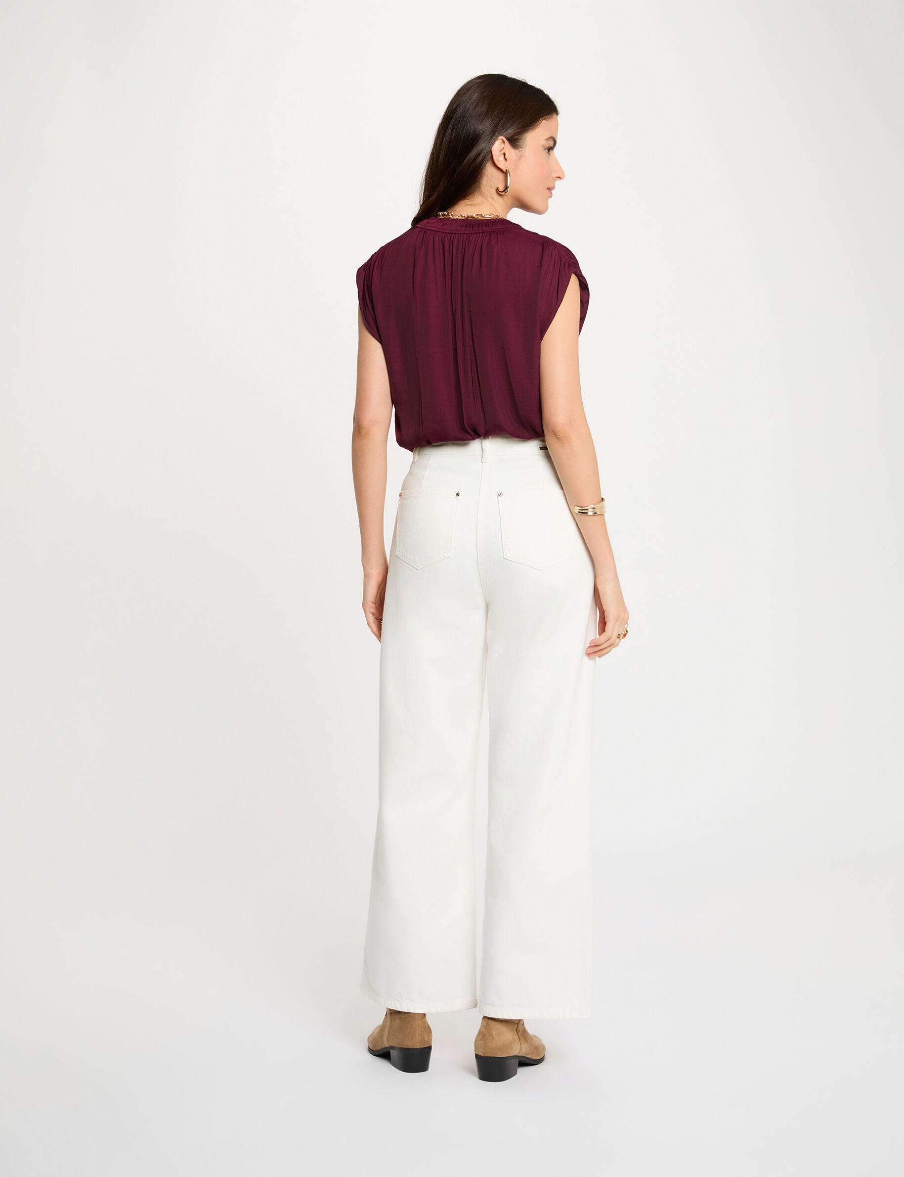 Satin Short-Sleeved Blouse Plum Women