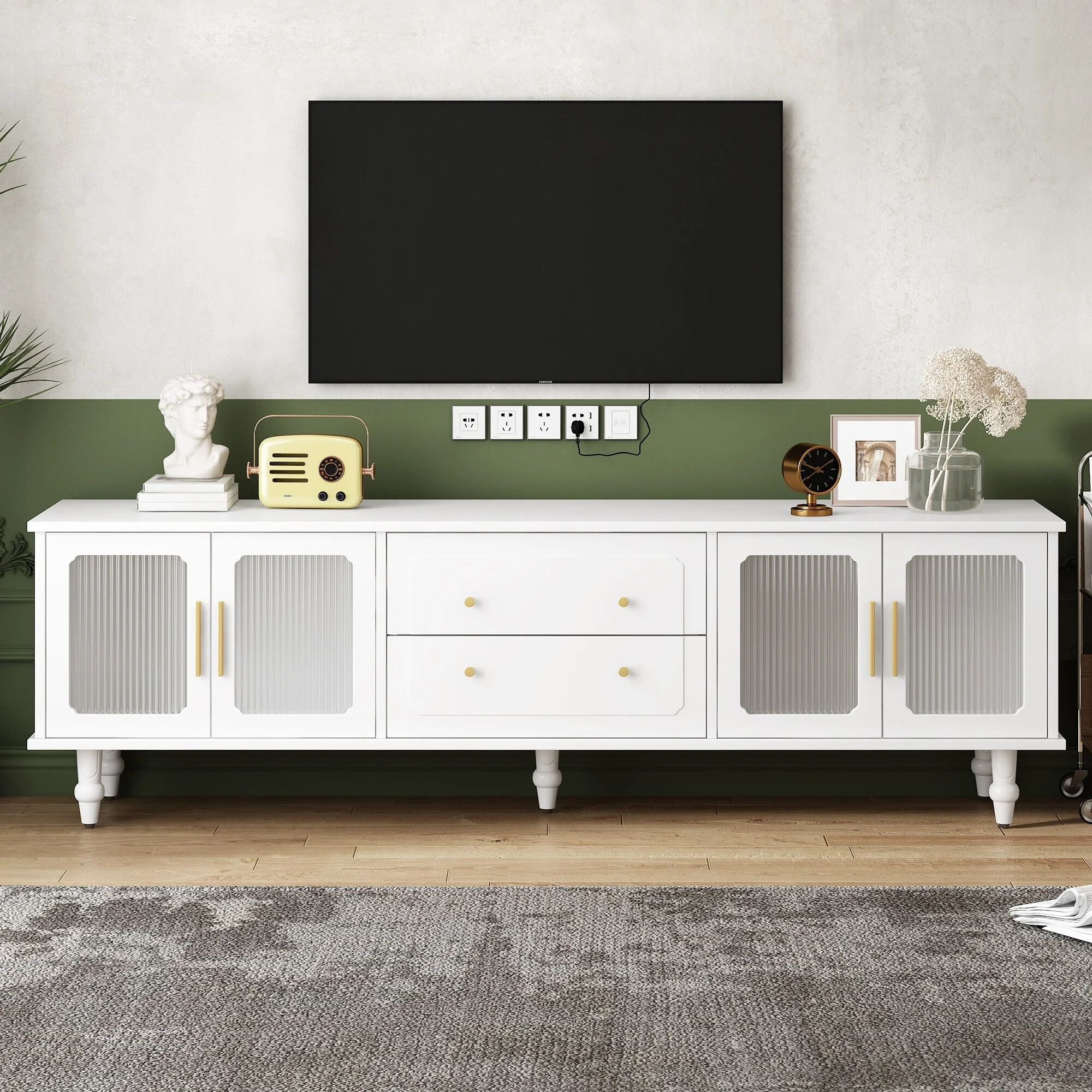 White 69 TV Stand with Glass Doors, Drawers & Cabinets for TVs Up to 78