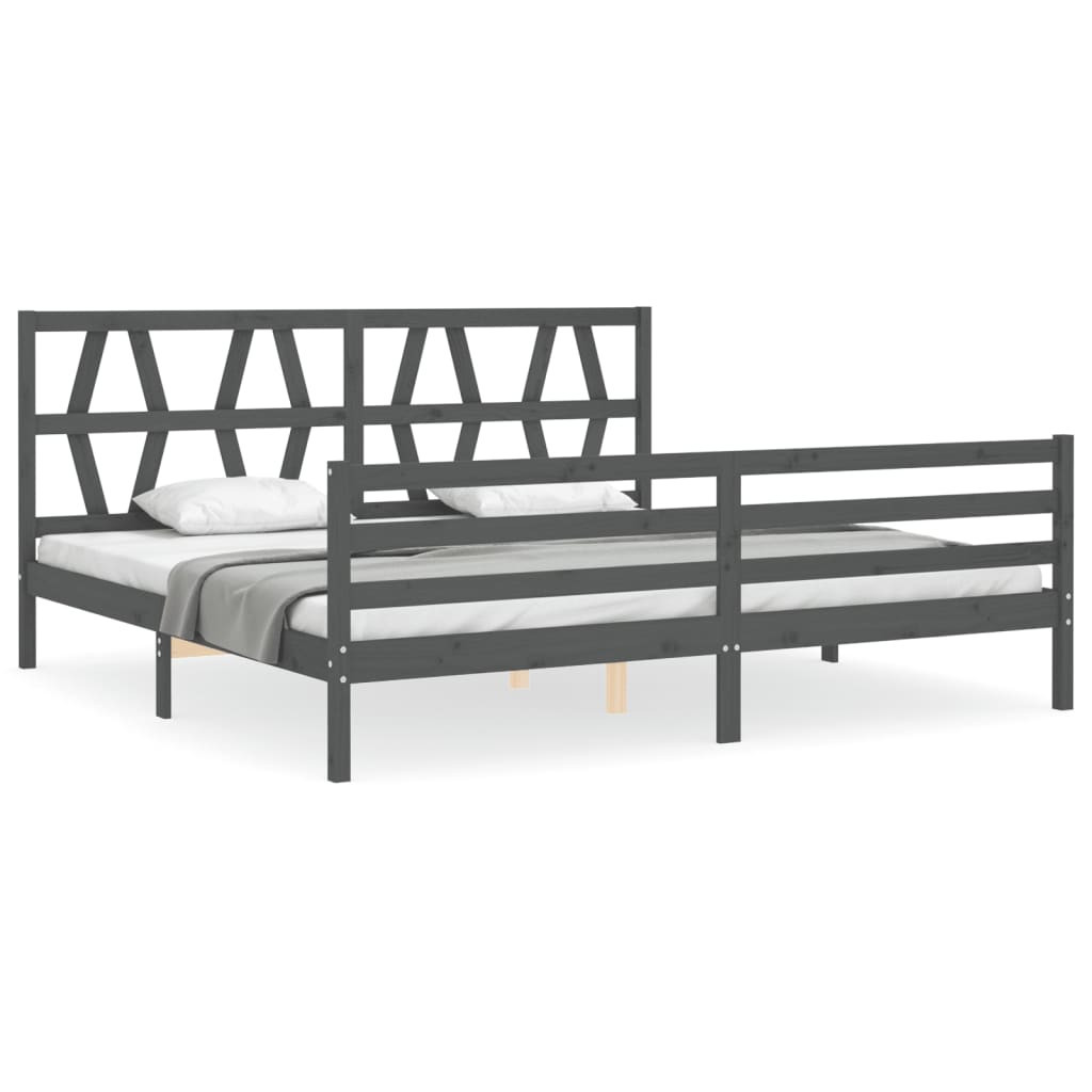Rama łóżka z wezgłowiem szara 200x200 cm lite drewno