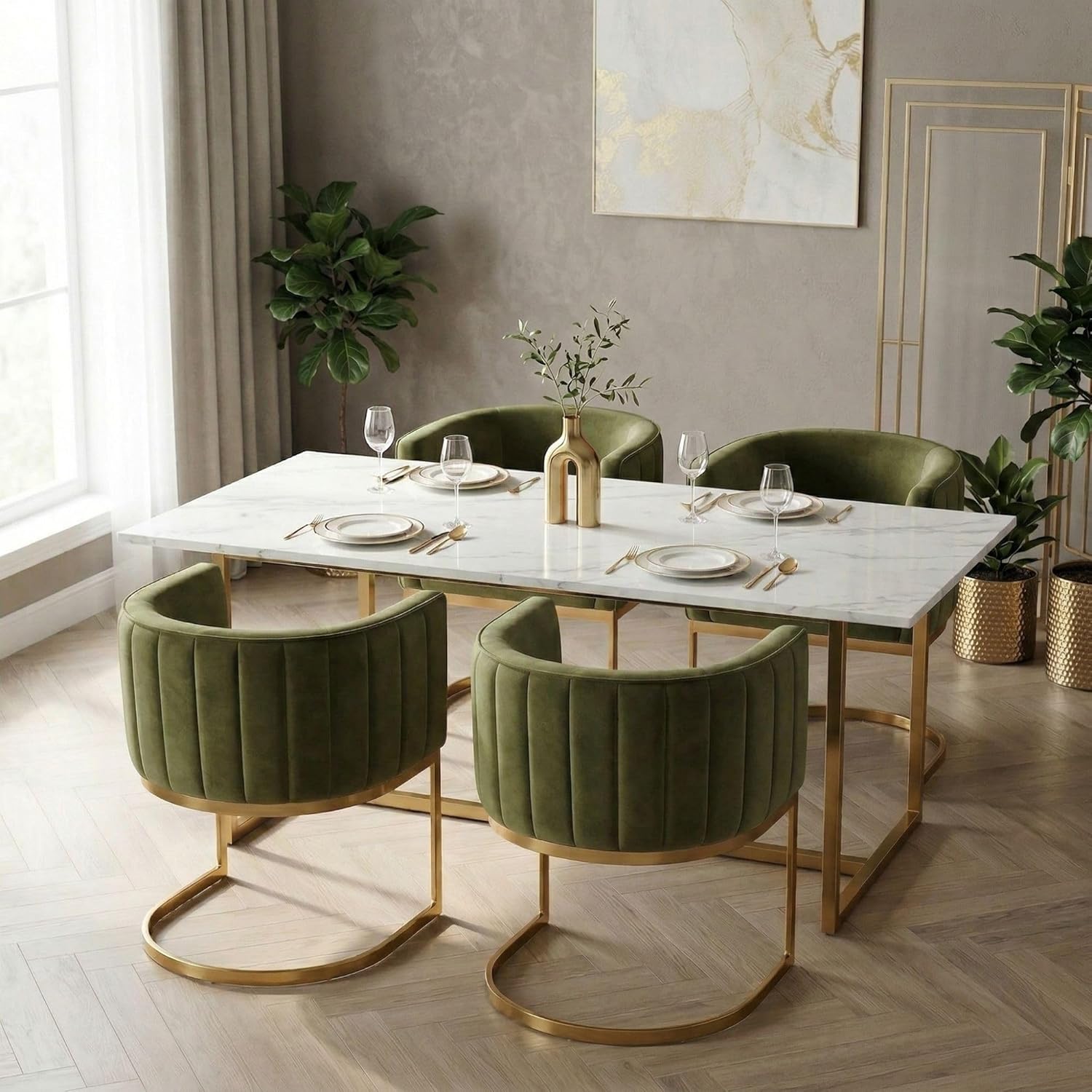 Hyfirm Olive Green and Gold Modern Barrel Dining Room Chairs Set of 4, Velvet Upholstered Accent Chairs with Curved Back for Kitchen Island, Luxury Comfort Seating Cantilever Metal Frame