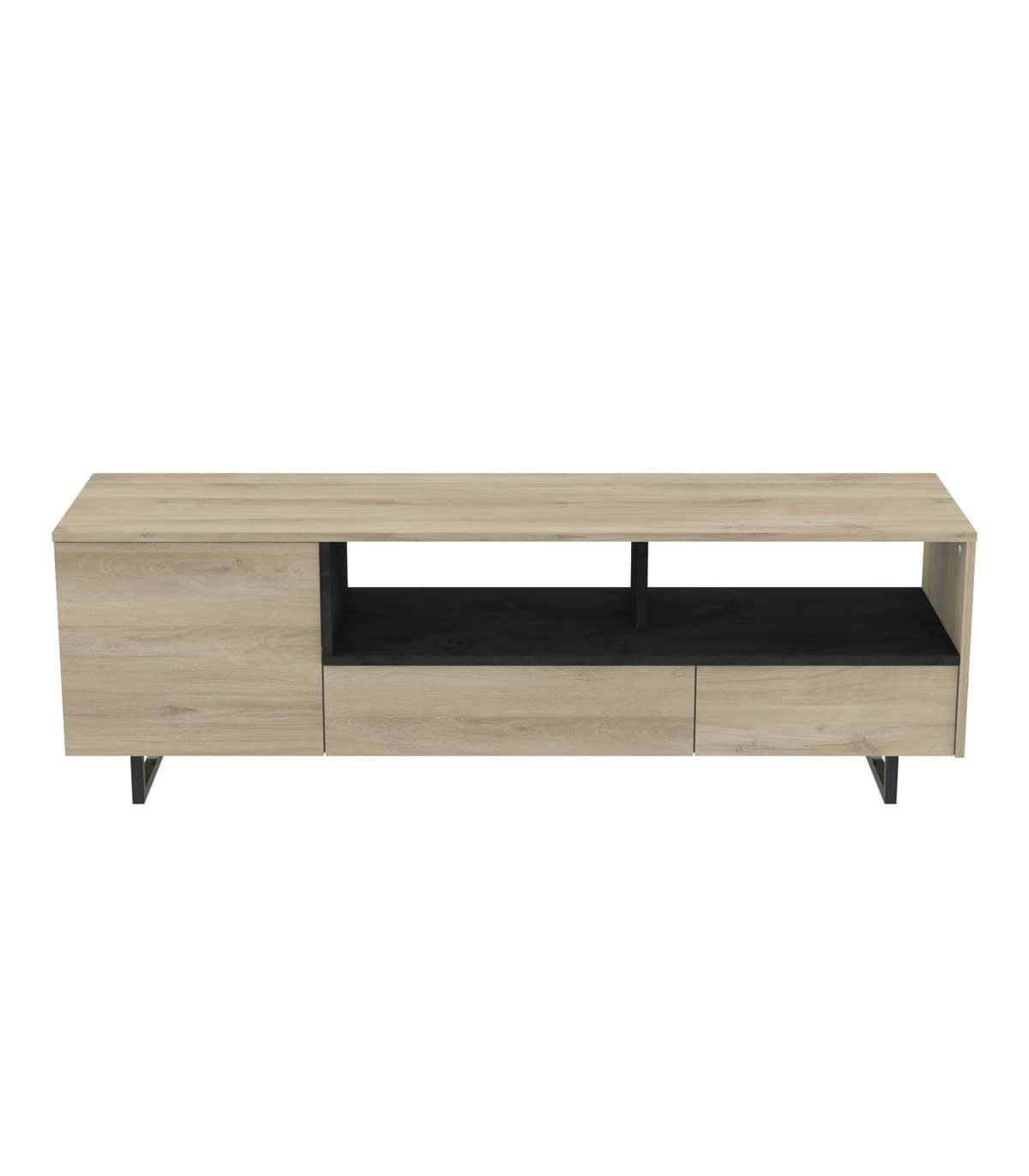 HARVEY - Meuble TV avec 1 Porte et 2 Tiroirs L147 cm - Décor bois et noir