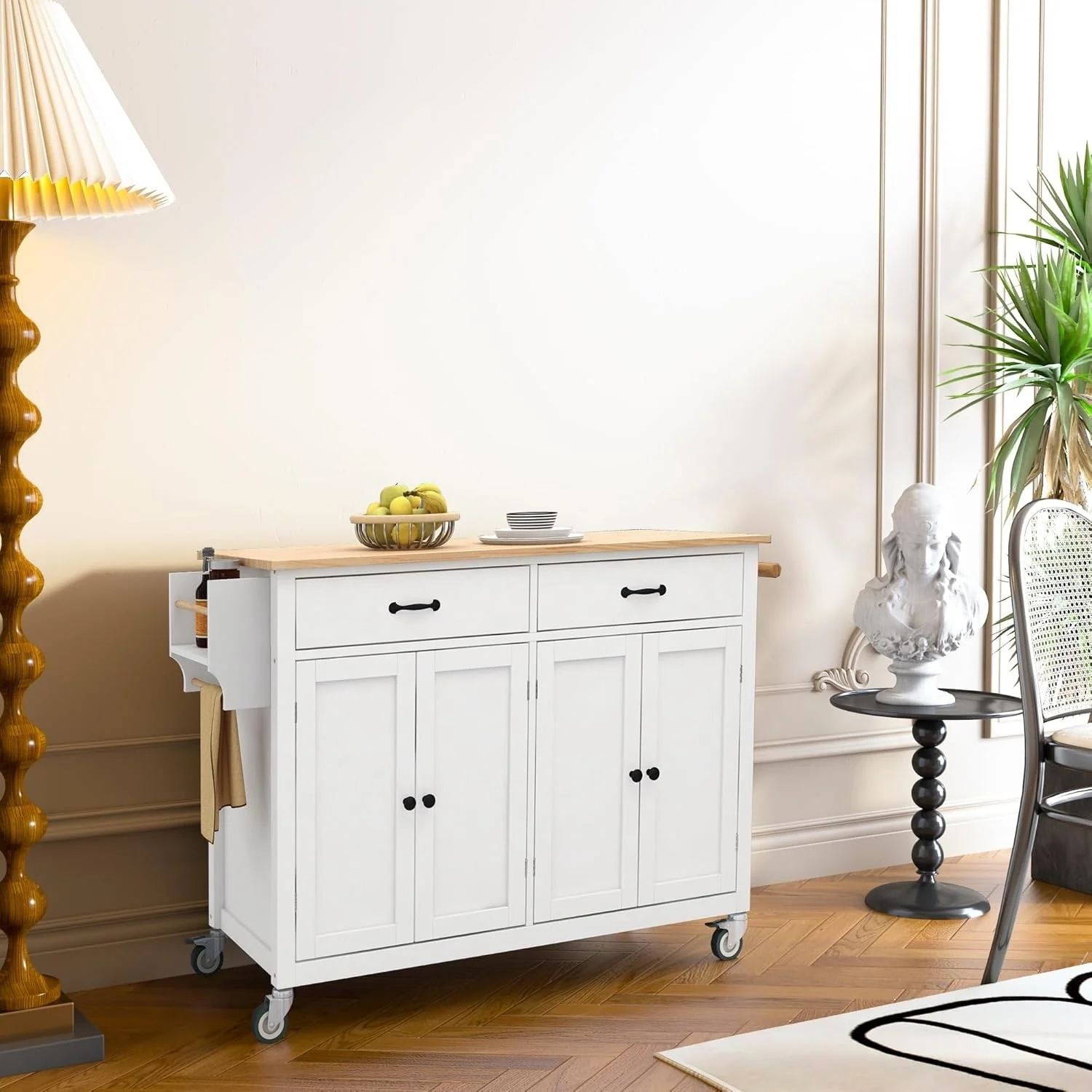 Roomfitters Kitchen Island Cart with Solid Wood Top - 4 Door Cabinet, Two Drawers, Adjustable Shelves, Spice & Towel Rack