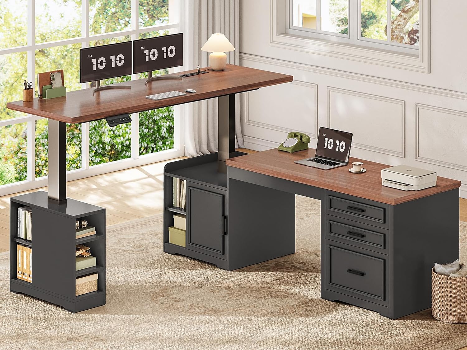 SEDETA Farmhouse L Shaped Electric Standing Desk, 63 x 67 Height Adjustable Home Office Executive Desk with Drawers and Shelves, Standing Computer Desks with Power Outlet for Home Office, Black