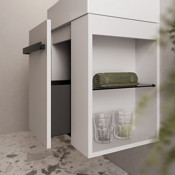 Meuble vasque lave-main Blanc mat 45x35x50cm (LxPxH) 1 tiroir   rangement droite   poignée Noir mat - COMPACT450