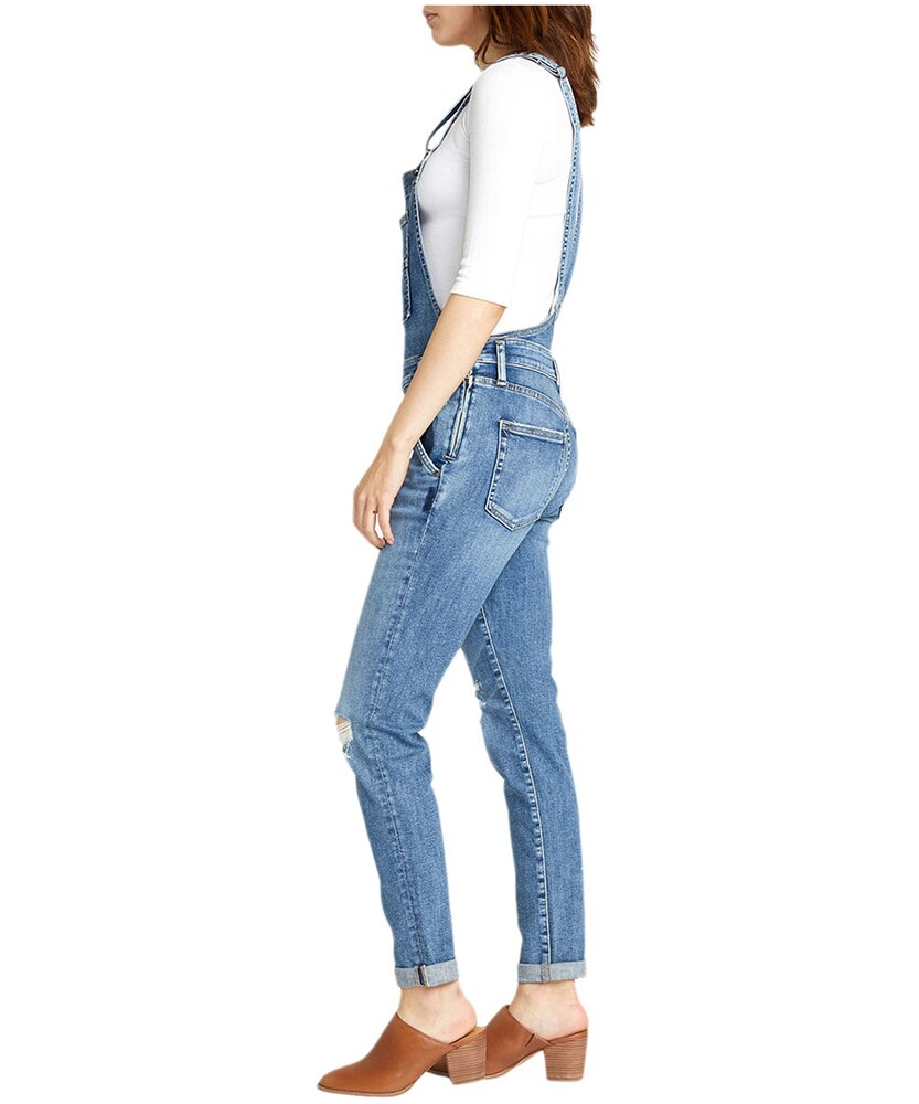 Silver Women's Distressed Slim Leg Overalls - Medium Indigo