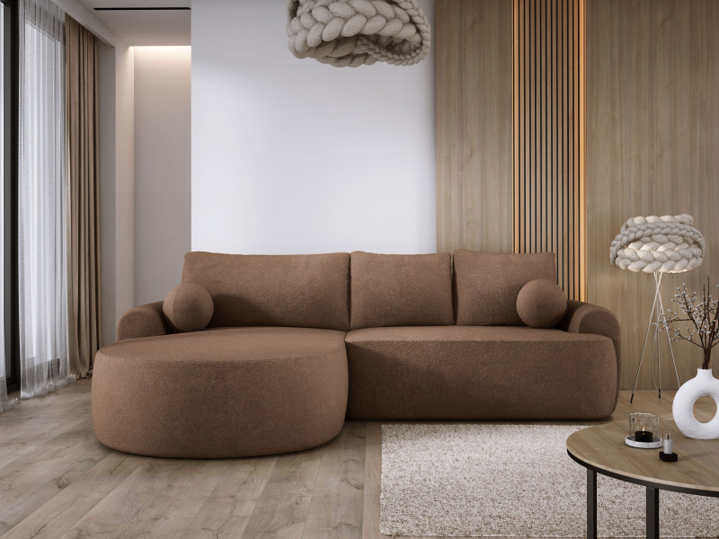 Brązowa sofa narożna rozkładana PIERO S z pojemnikiem boucla lewa