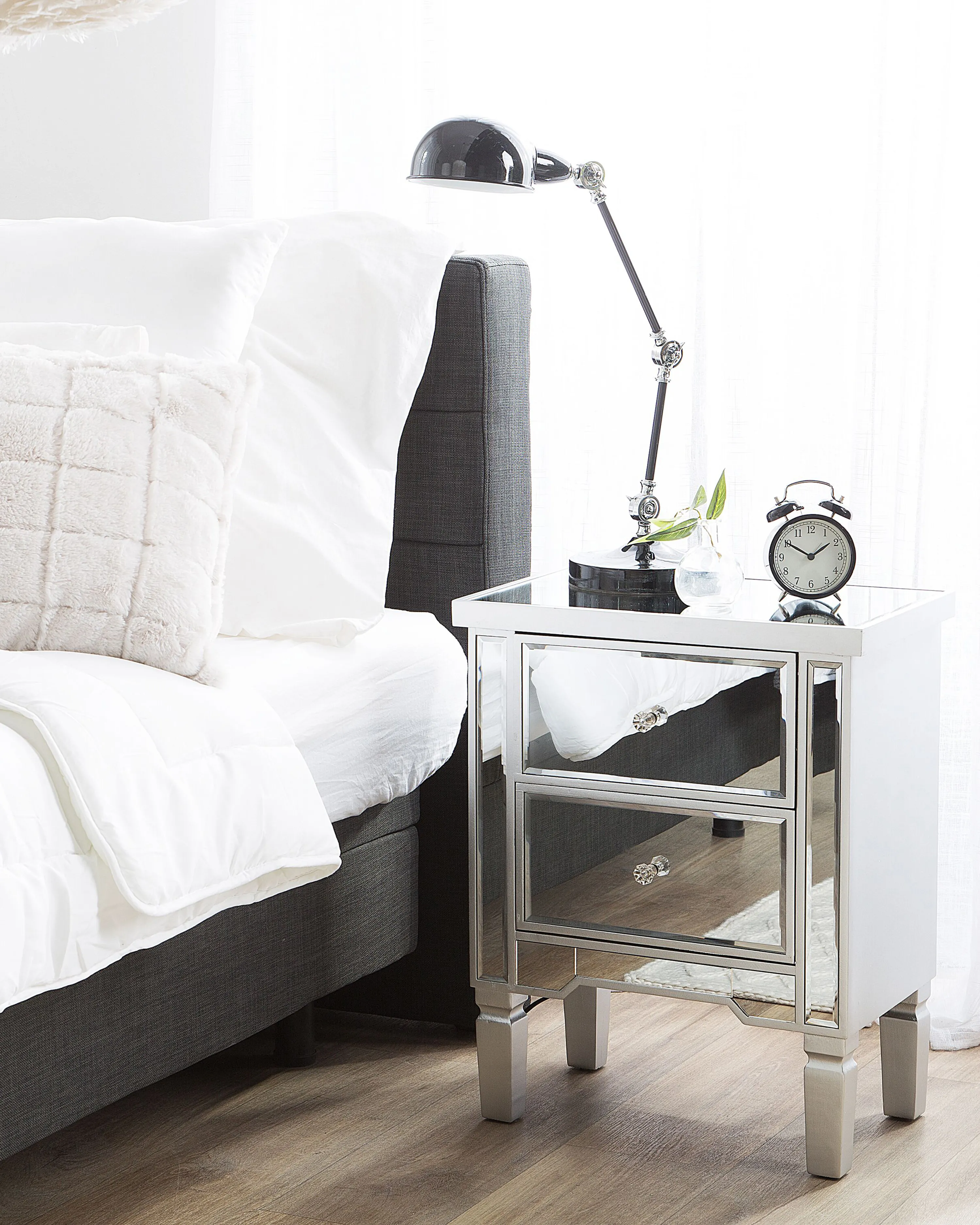 2 Drawer Bedside Table TIGY Glass Mirrored Silver