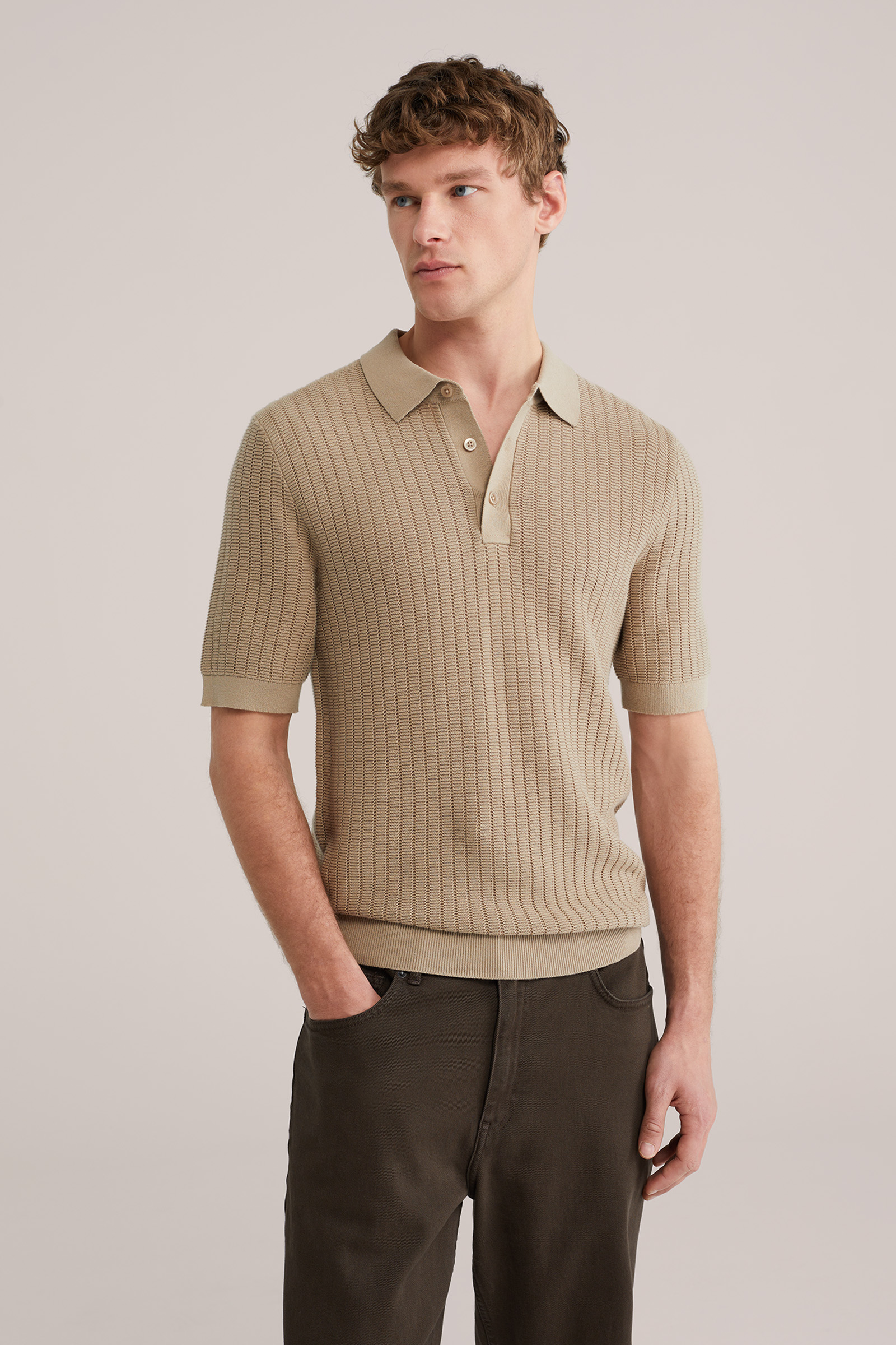 Heren regular fit grofgebreide polo met structuur