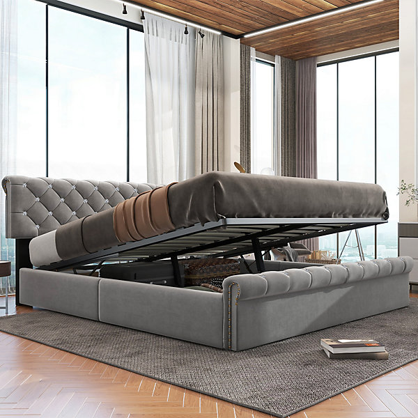 Lit 180x200 cm tapissé velours gris avec tête de lit réglable, sommier à lattes et grand coffre de rangement