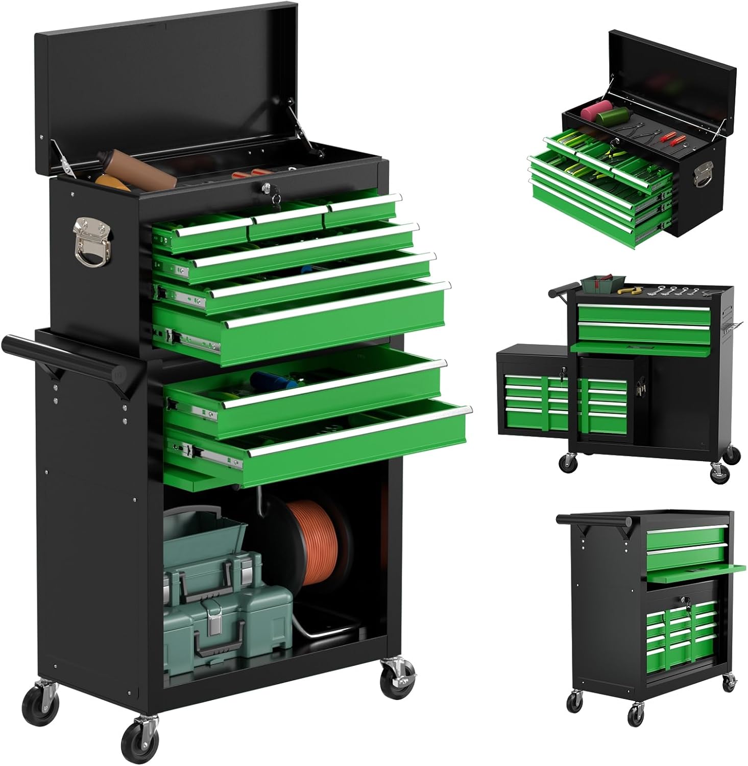 8-Drawer Rolling Tool Chest with Wheels, 2-in-1 Detachable Tool Box with Drawers and Large Cabinet, Rolling Tool Chest Storage Cabinet with Lockable for Warehouse, Garage, Workshop (BlackGreen)