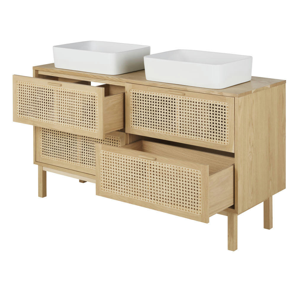 Canopy - Meuble double vasque de salle de bains 4 tiroirs cannage en rotin