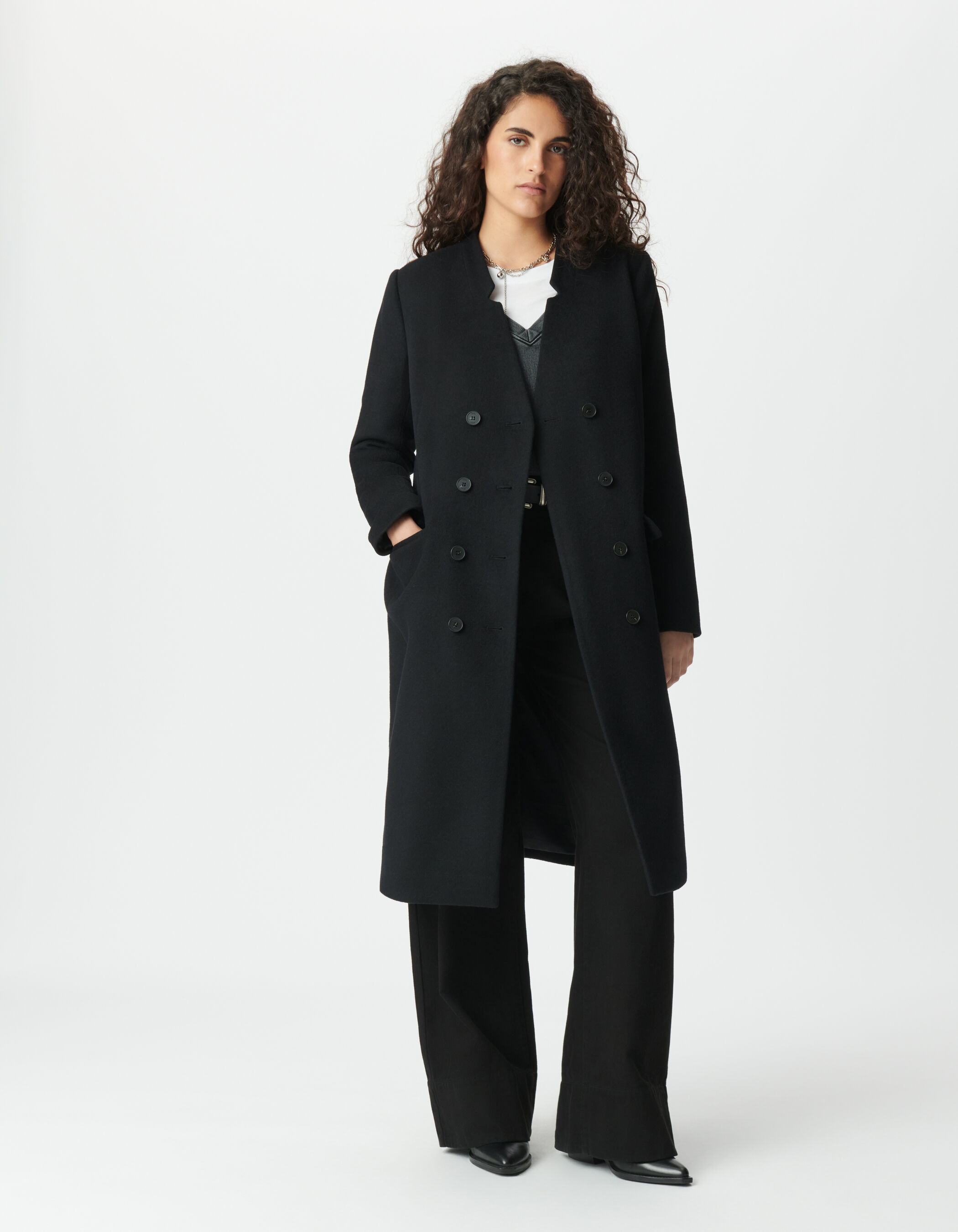 Manteau long noir parementure à capuche amovible Femme