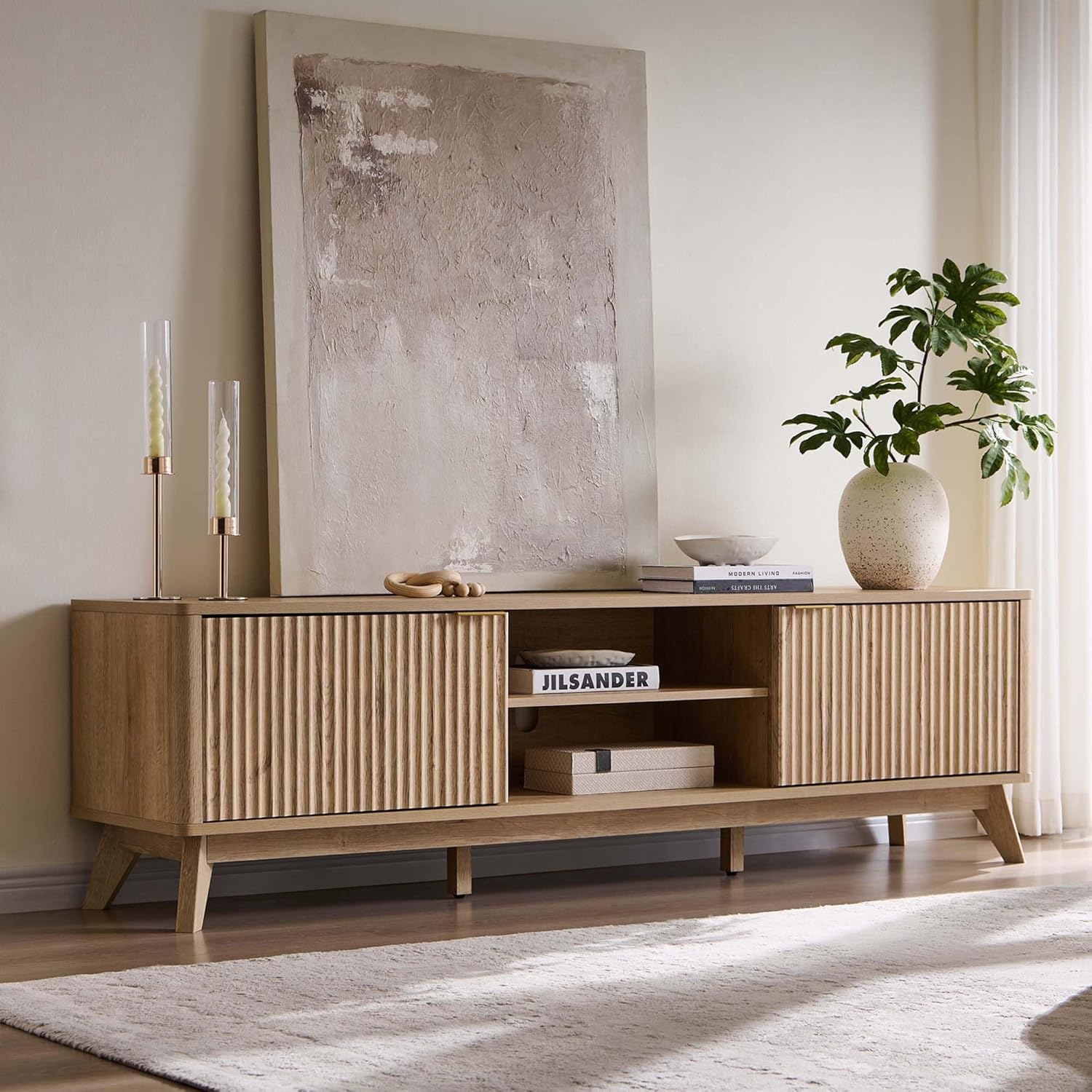 OKD 70 Mid Century Modern Fluted TV Stand, Entertainment Center, Sideboard, Media Console for Living Room with 2 Soft Close Door/Adjustable Shelves (Natural Oak)