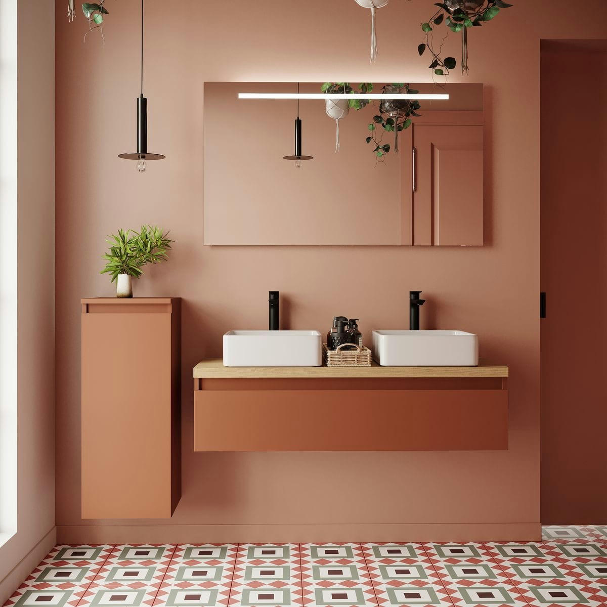 HUDSON - Meuble salle de bain 2 vasques posées 120cm 1 tiroir Terracotta