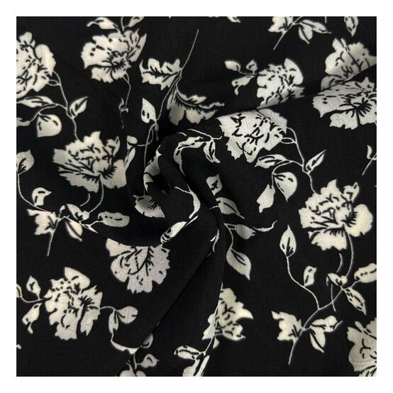 White Floral on Black Crinkle Print Fabric by the Metre
