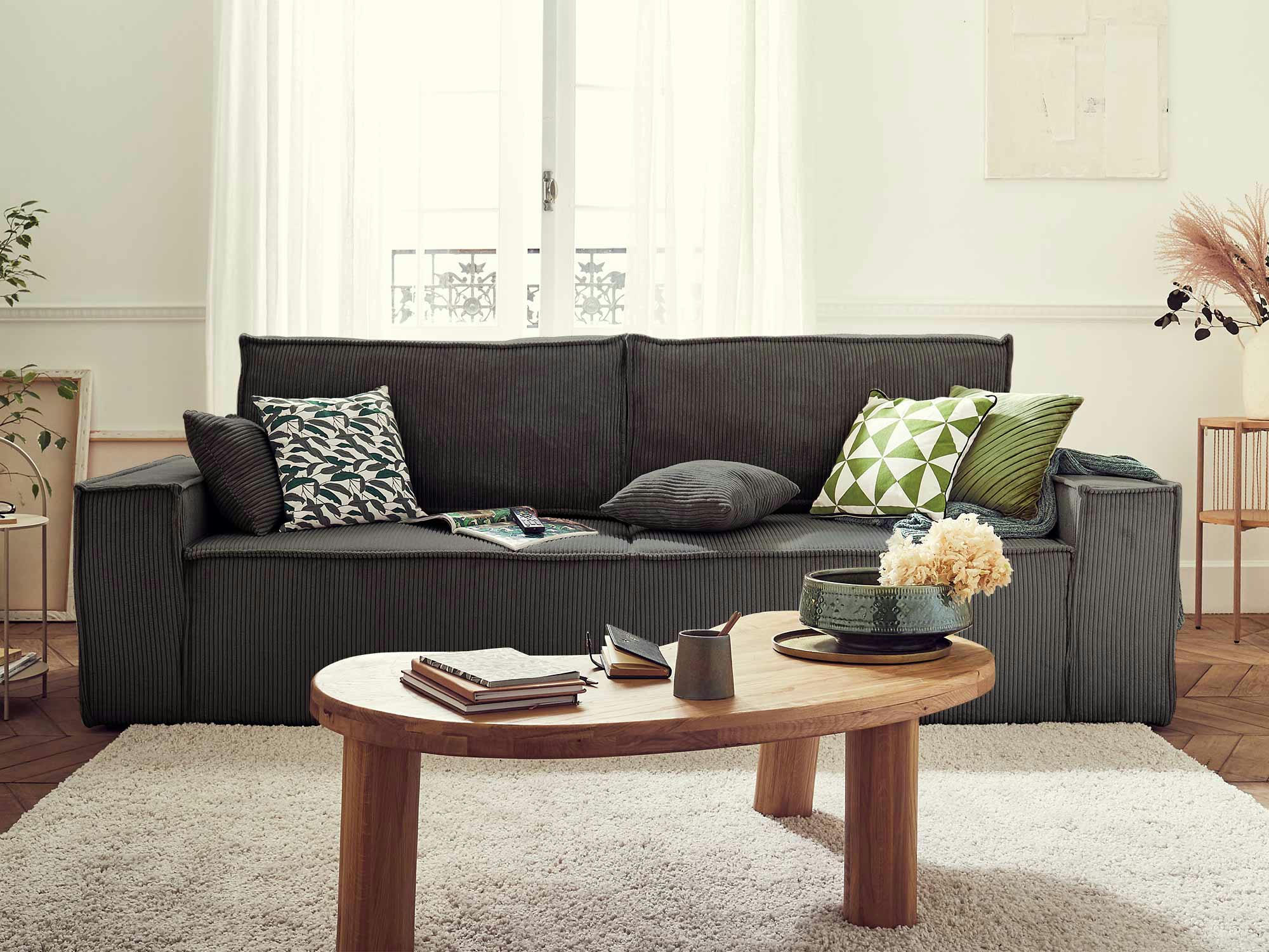 DELLIA - Canapé droit convertible 3 places en velours côtelé gris foncé