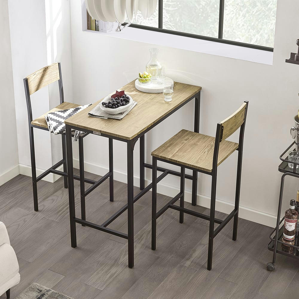 - Set de 1 table et 2 chaises de bar effet bois et métal noir