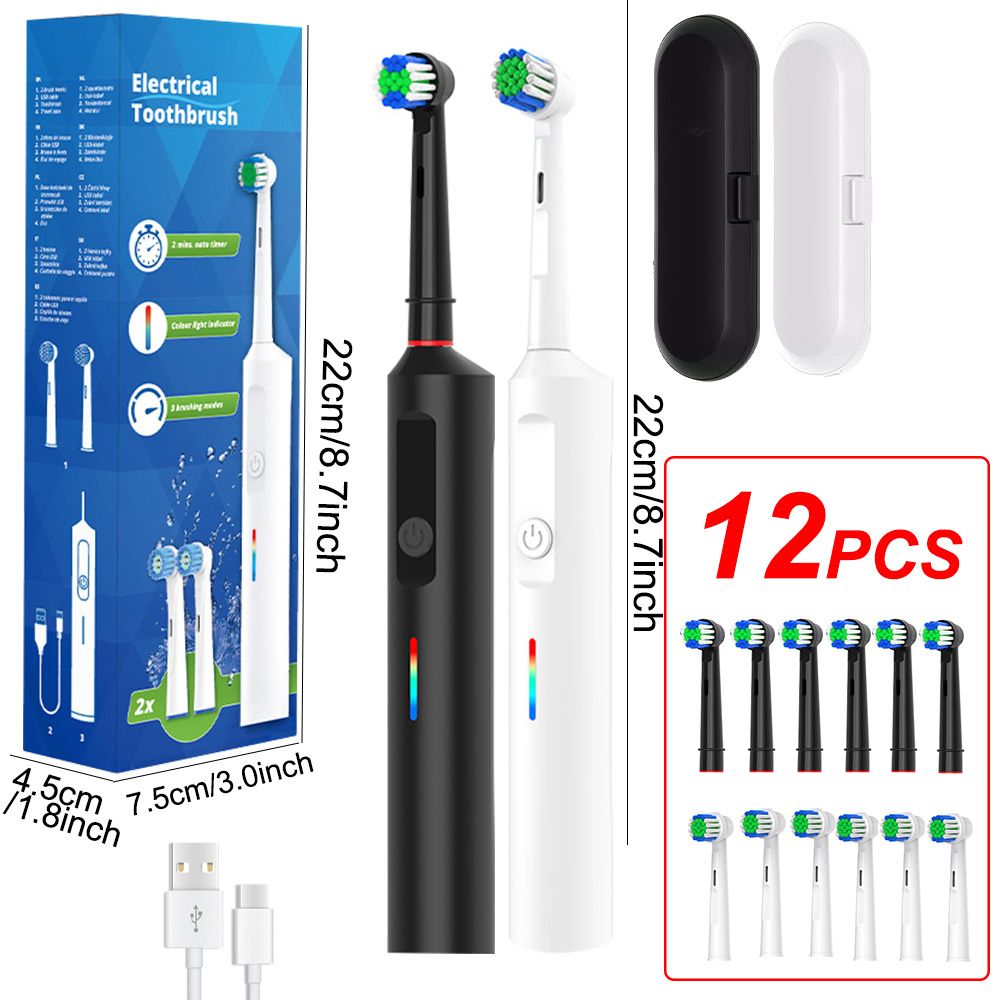 VOGREX White Toothbrush Electric Rechargeable Pro Rotating Brush Oral-B Heads Timer Modes Usb