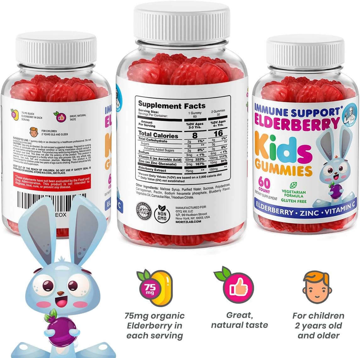 DR. MORITZ Elderberry Gummies for Kids and Adults (2 Pack) - Elderberry Vitamin C and Zinc for Kids Immune Support - Vegetarian, Gluten Free