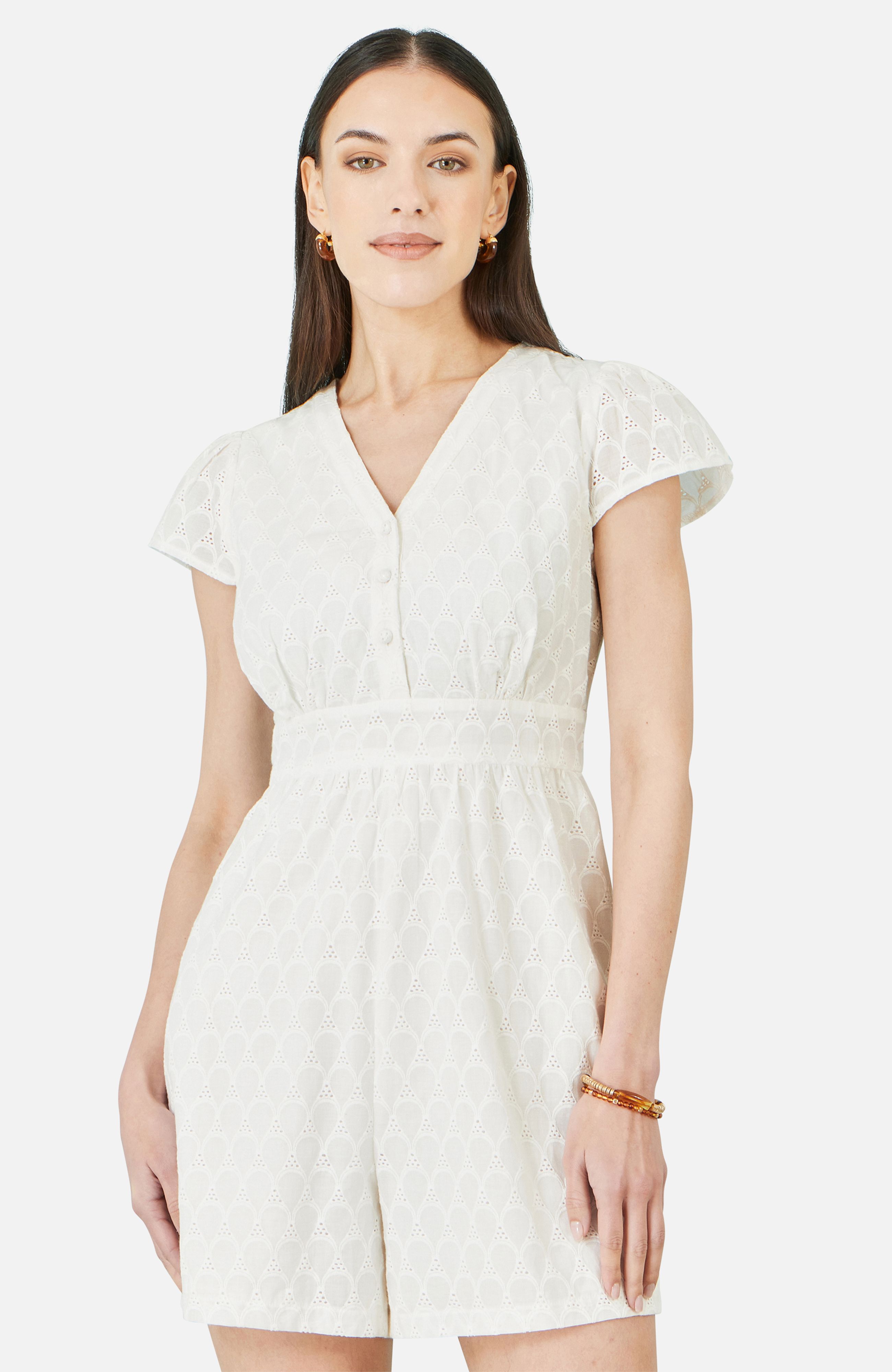 Yumi White Cotton Broderie Anglaise Playsuit