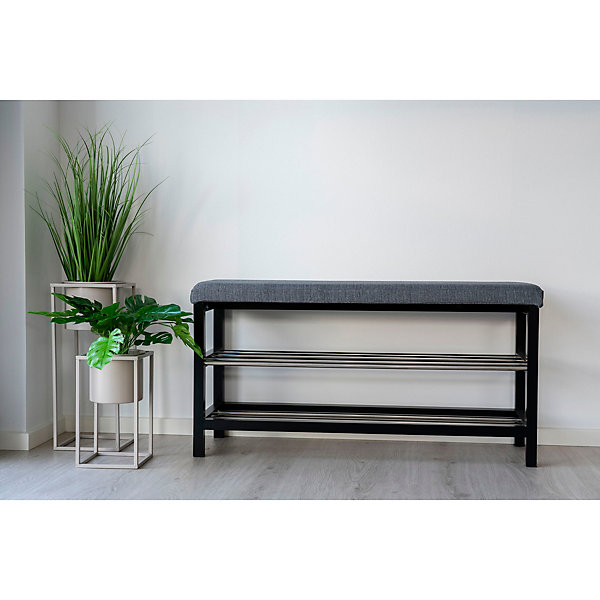 Banc Padova élégant avec coussin et étagères noires - 100x34x50 cm