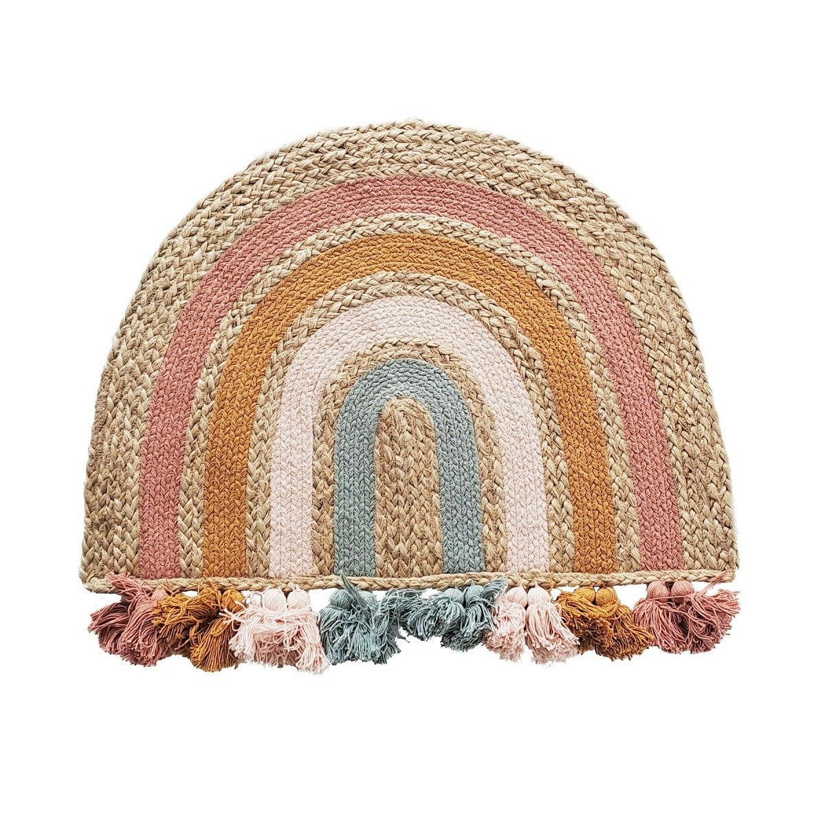 CELESTE - Tapis enfant arc en ciel en jute et coton avec pompons multico 72x52cm