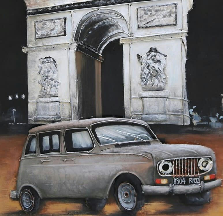 MÉTAL BRASS - Tableau relief en métal arc de triomphe et 4l 80x80