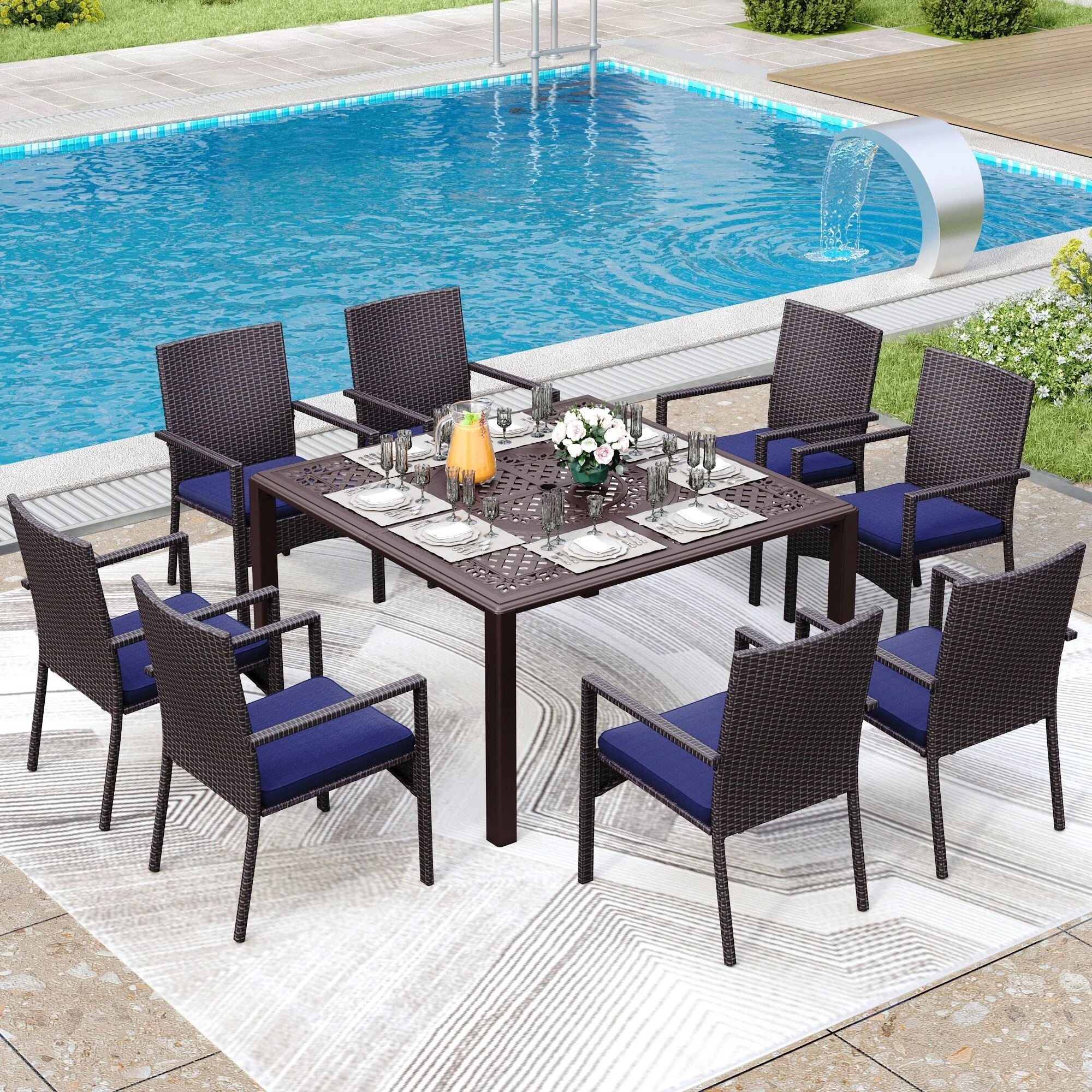 9 Pieces Patio Dining Set Outdoor Rattan Wicker Dining Furniture Set with Umbrella Hole