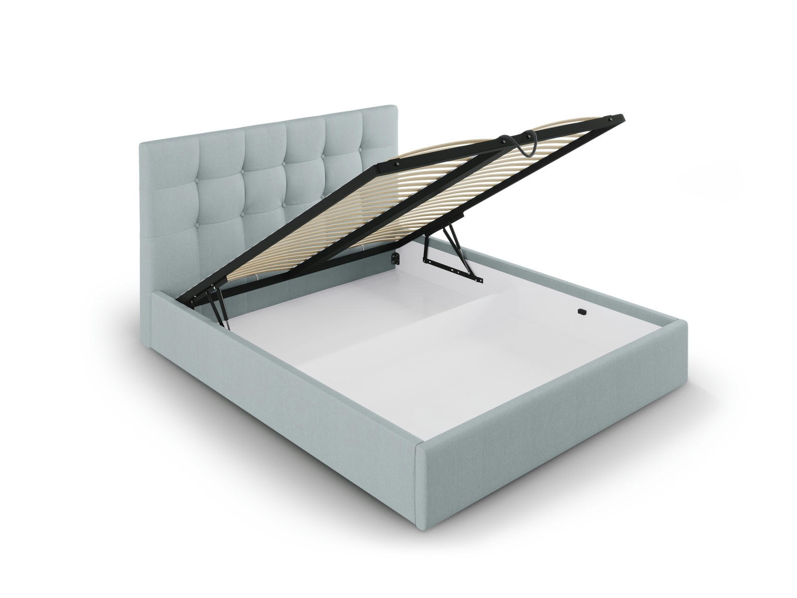 PHAEDRA - Lit coffre avec tête de lit 160x200 cm en tissu structuré bleu clair