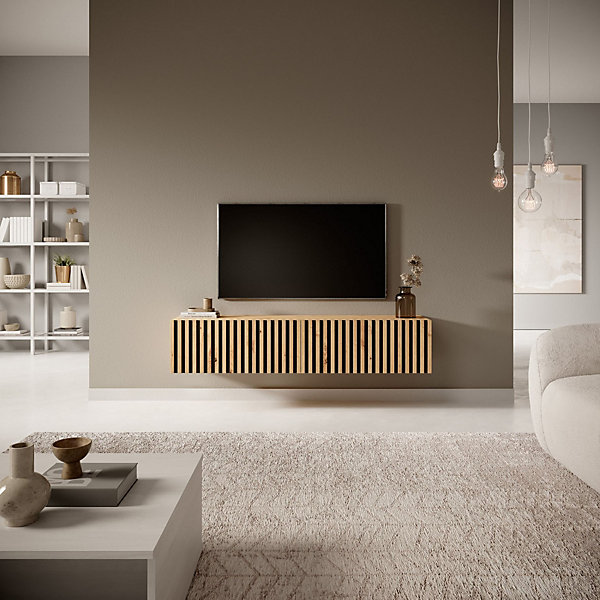 Meuble TV 140 cm chêne artisan avec façade fraisée et inserts noirs TELIRE