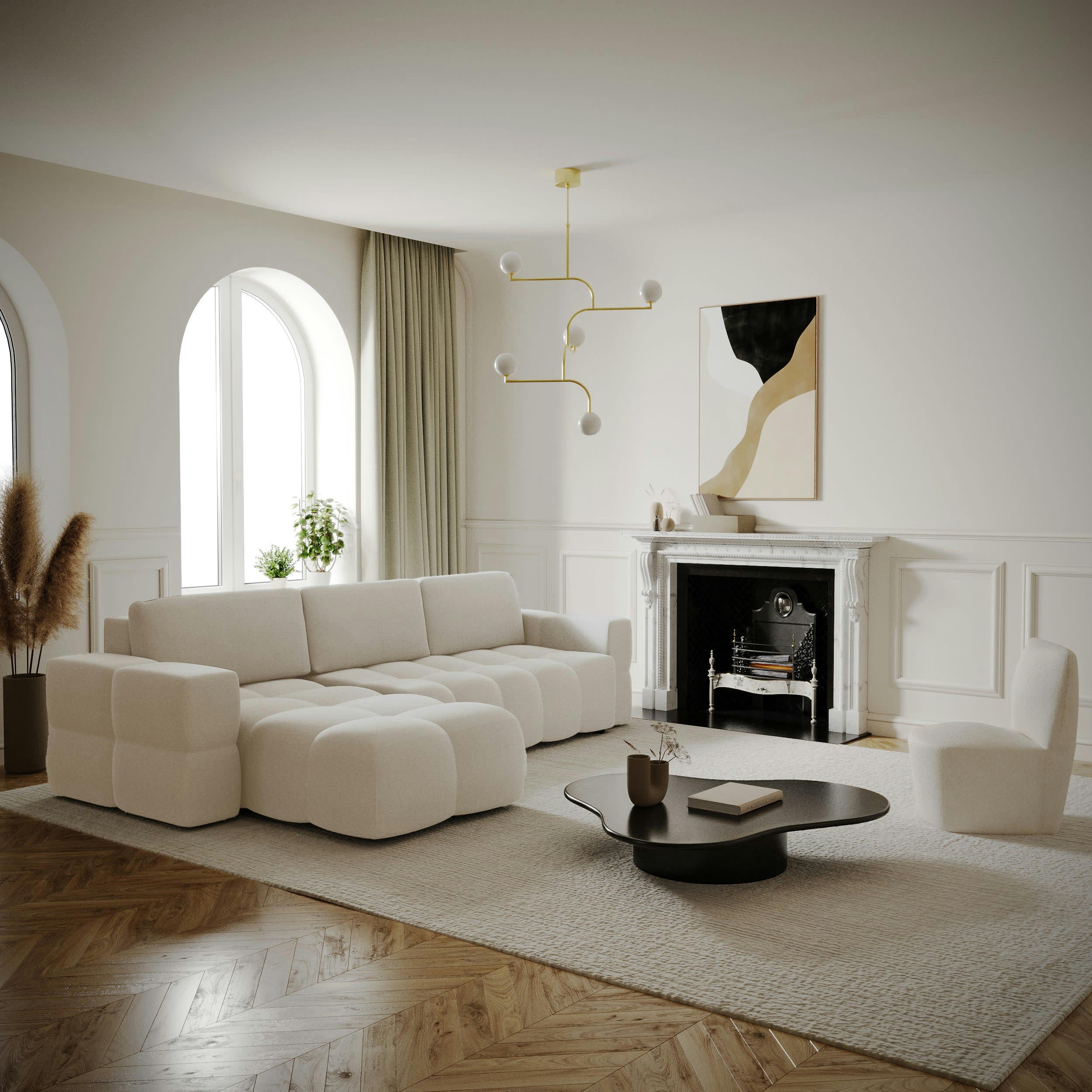 GABRIEL - Canapé d'angle gauche convertible coffre tissu tramé crème 260x180cm