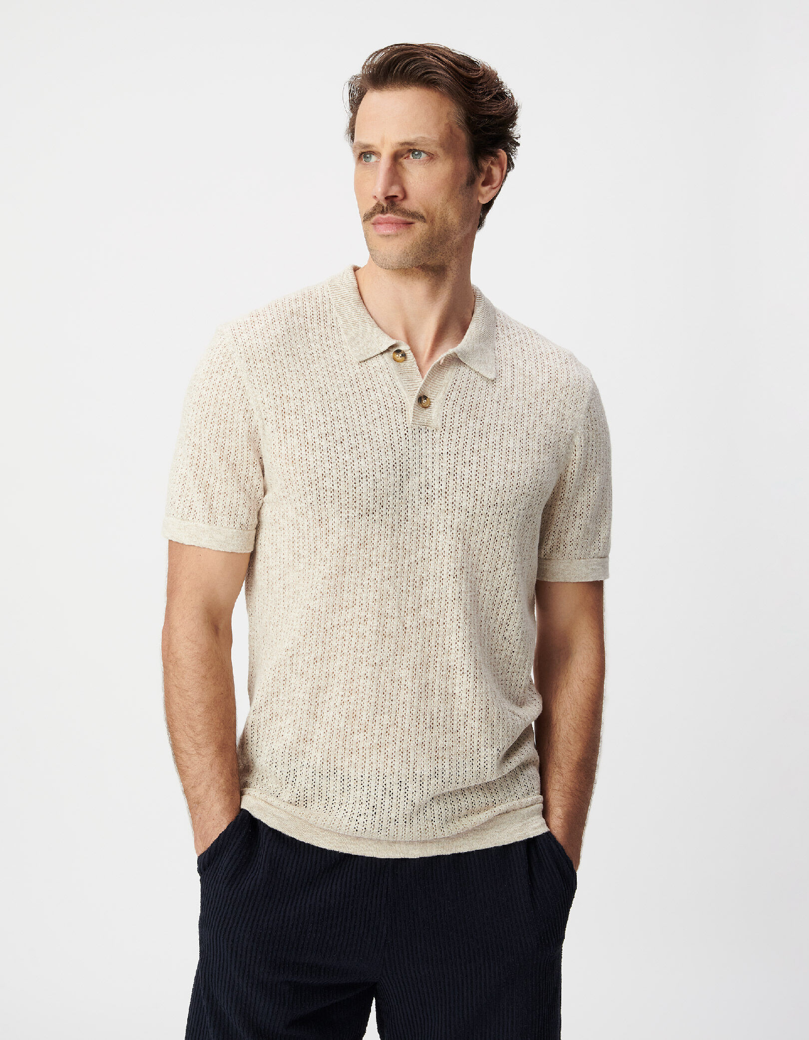 Polo beige tricot ajouré fantaisie Homme