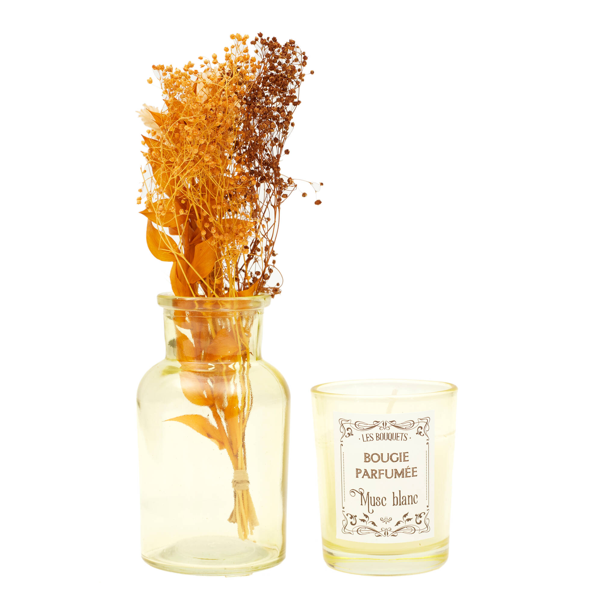 Coffret avec bougie parfumée, vase et fleurs séchées